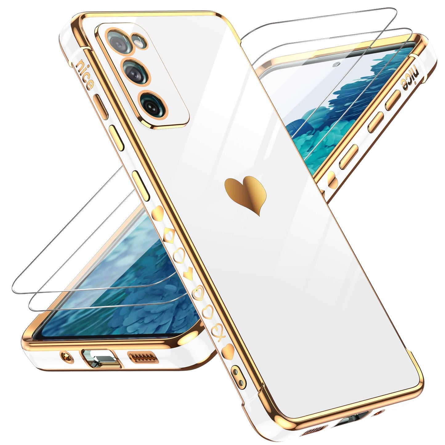 LeYi for Galaxy S23 FE Case: with Tempered Glass Screen Protector [2 Pcs]+ Full Camera Lens Protection, Love Heart Plating Women Cute Luxury Soft TPU Shockproof Case for Samsung S23FE 5G, Pink