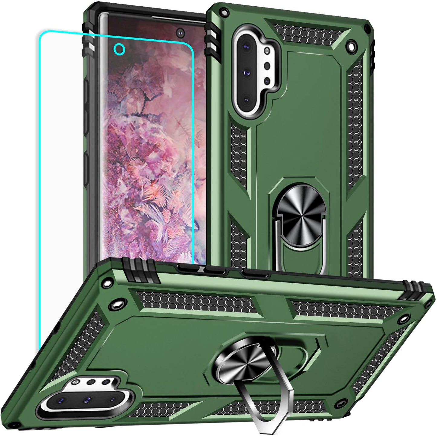 for Samsung Galaxy Note 10 Plus Case with Screen Protector:[Military Grade Drop Tested] Ring Holder Kickstand Shockproof Anti-Slip Protective Phone Case for Note 10 Plus 6.8- Red
