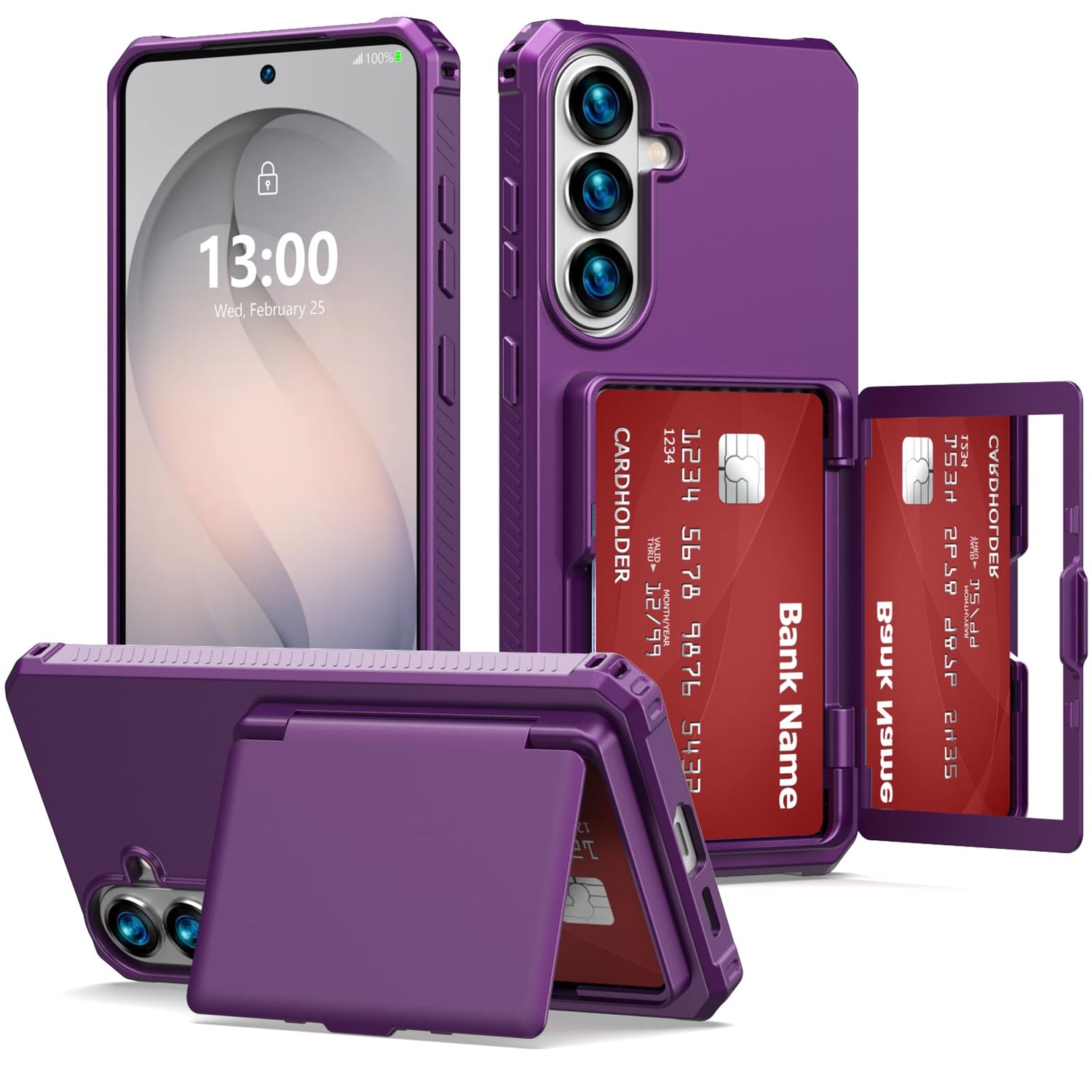 KJSK for Galaxy A17/A16 Case with Card Holder,Built-in Mirror and Kickstand,Hidden Card Slim Wallet Shockproof Cover,Anti-Drop,Deep Purple
