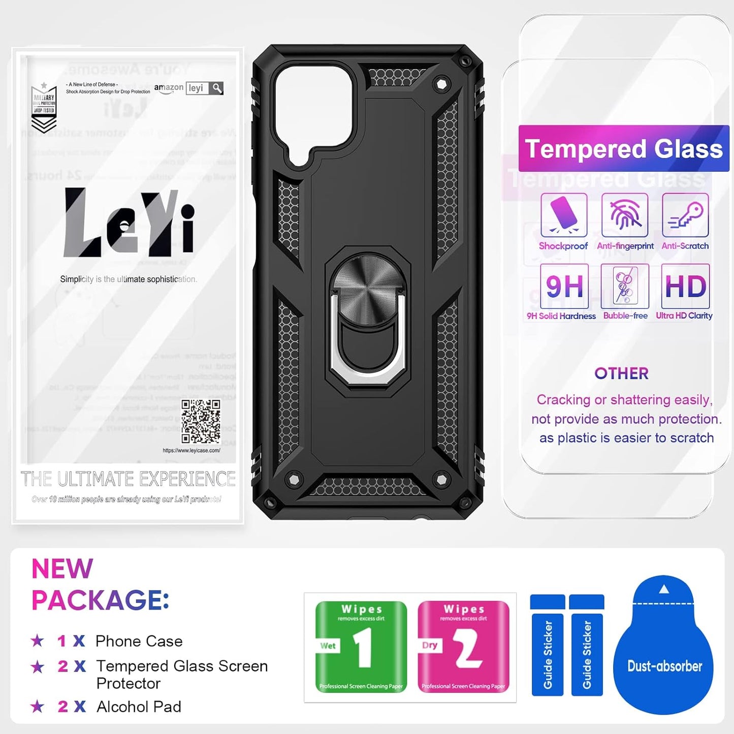 LeYi for Samsung Galaxy A12 Phone Case, Samsung A12 Phone Case with [2 Pack] Glass Screen Protector Replacement, Military-Grade Shockproof Magnetic Ring Stand Cell Android Case Cover A 12 5G, Black