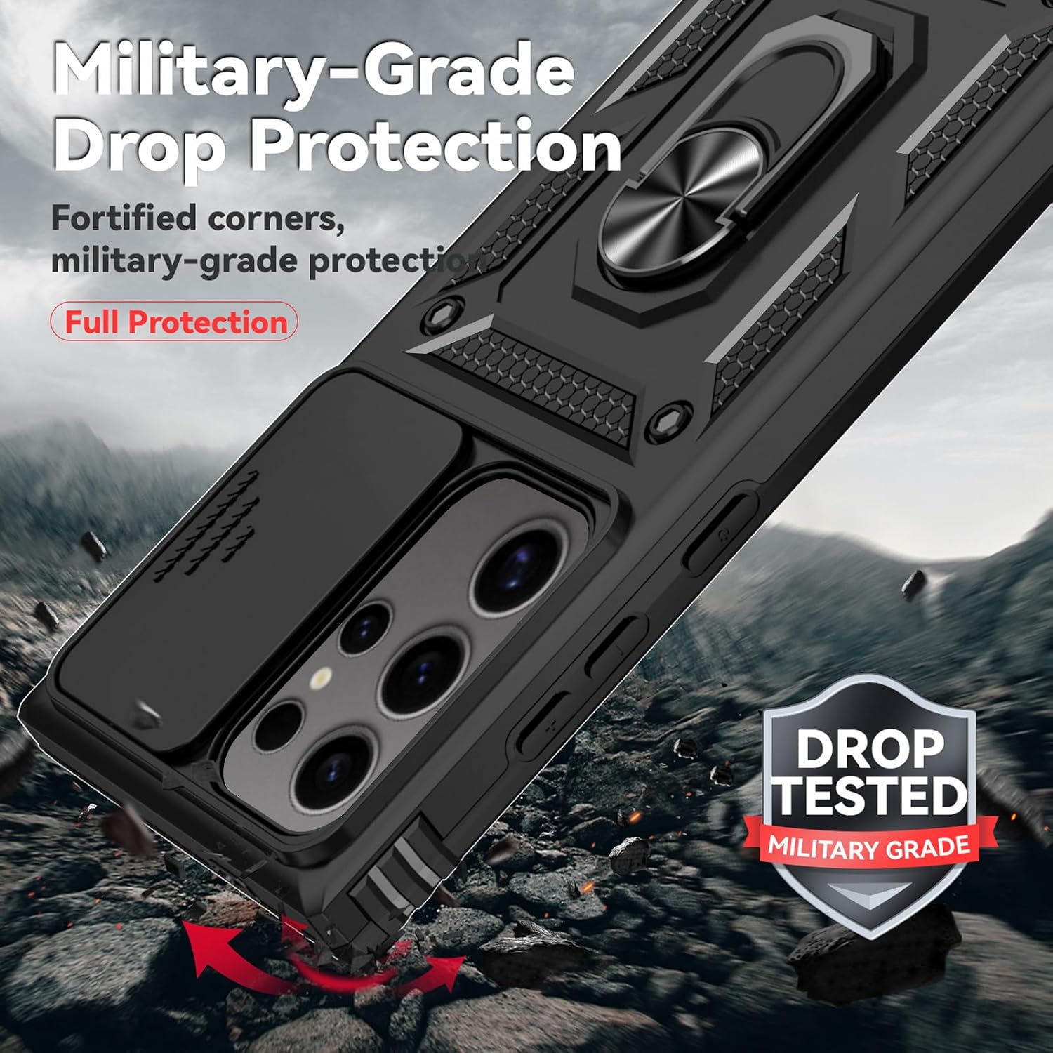 HNHYGETE for Samsung Galaxy S24 Ultra Case with Screen Protector: [Military Grade 20ft. Drop Tested] Slide Camera Cover Ring Shockproof Protective Phone Case for - Galaxy S24 Ultra (Black)