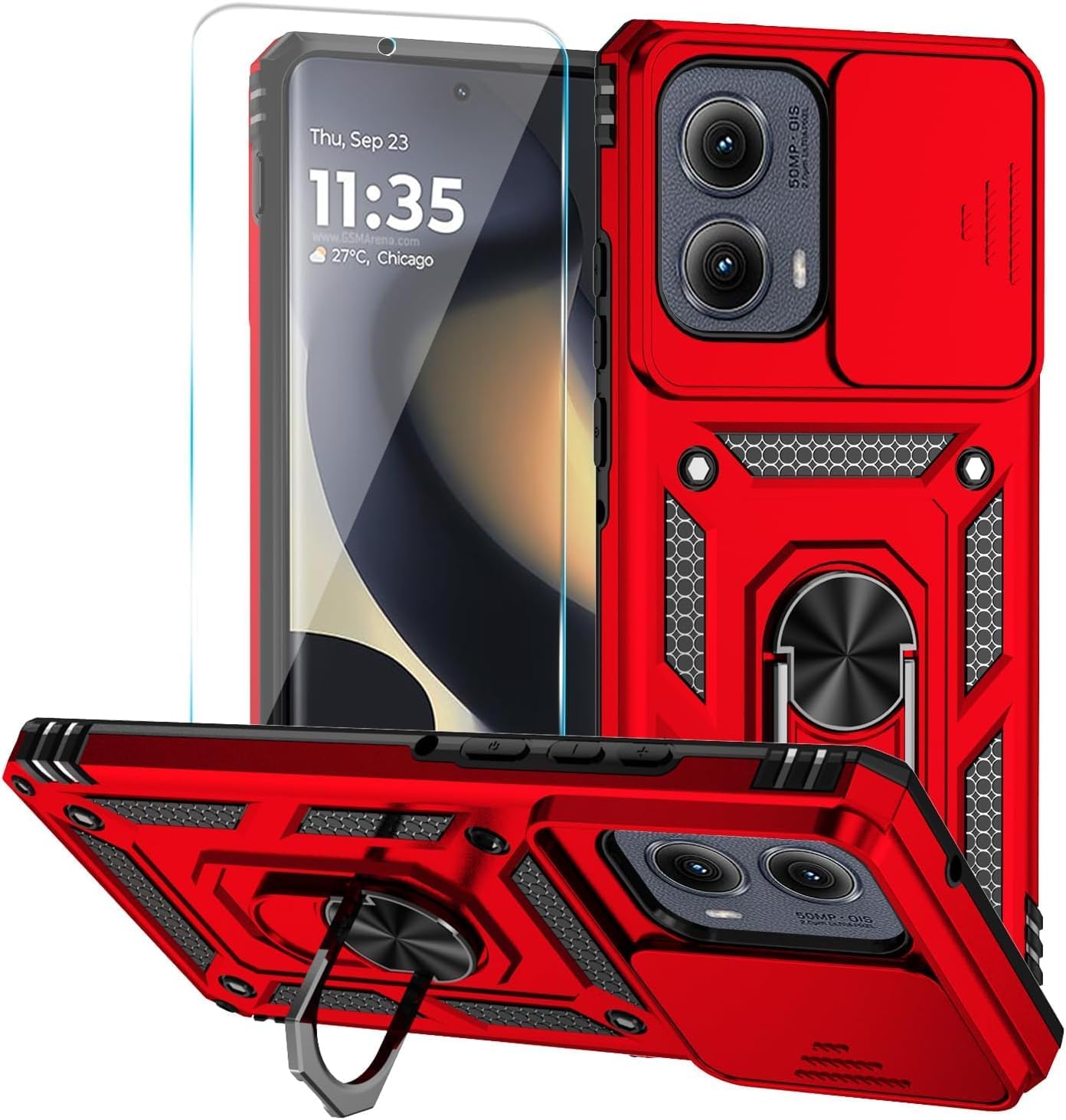 SunStory Phone Case for Motorola Moto Edge 2024 Case with HD Screen Protector & Slide Camera Cover & Rotated Ring Kickstand, [Military-Grade] Phone Case for Moto Edge 2024 (Red)