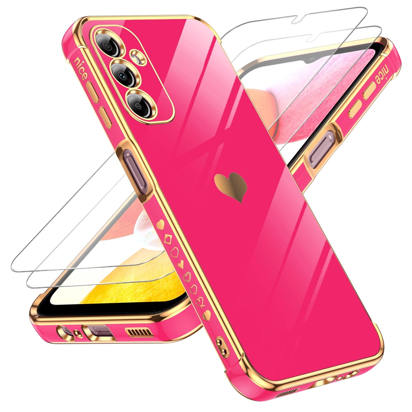 LeYi for Galaxy A16-5G Phone Case: Tempered Glass Screen Protector [2 Pcs]+ Full Camera Lens Protection,Love Heart Plating Luxury Shockproof Phone Case para Samsung A 16 5G Cute,Pink