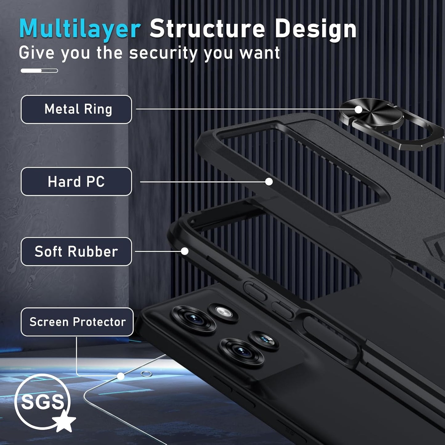 Janmitta for Motorola Moto G 2025 Case/Moto G 2026 Case with Screen Protector,Heavy Duty Shockproof Full Body Protective Cover Built in Rotatable Metal Holder for Moto-G-Play-2026,Black Matte
