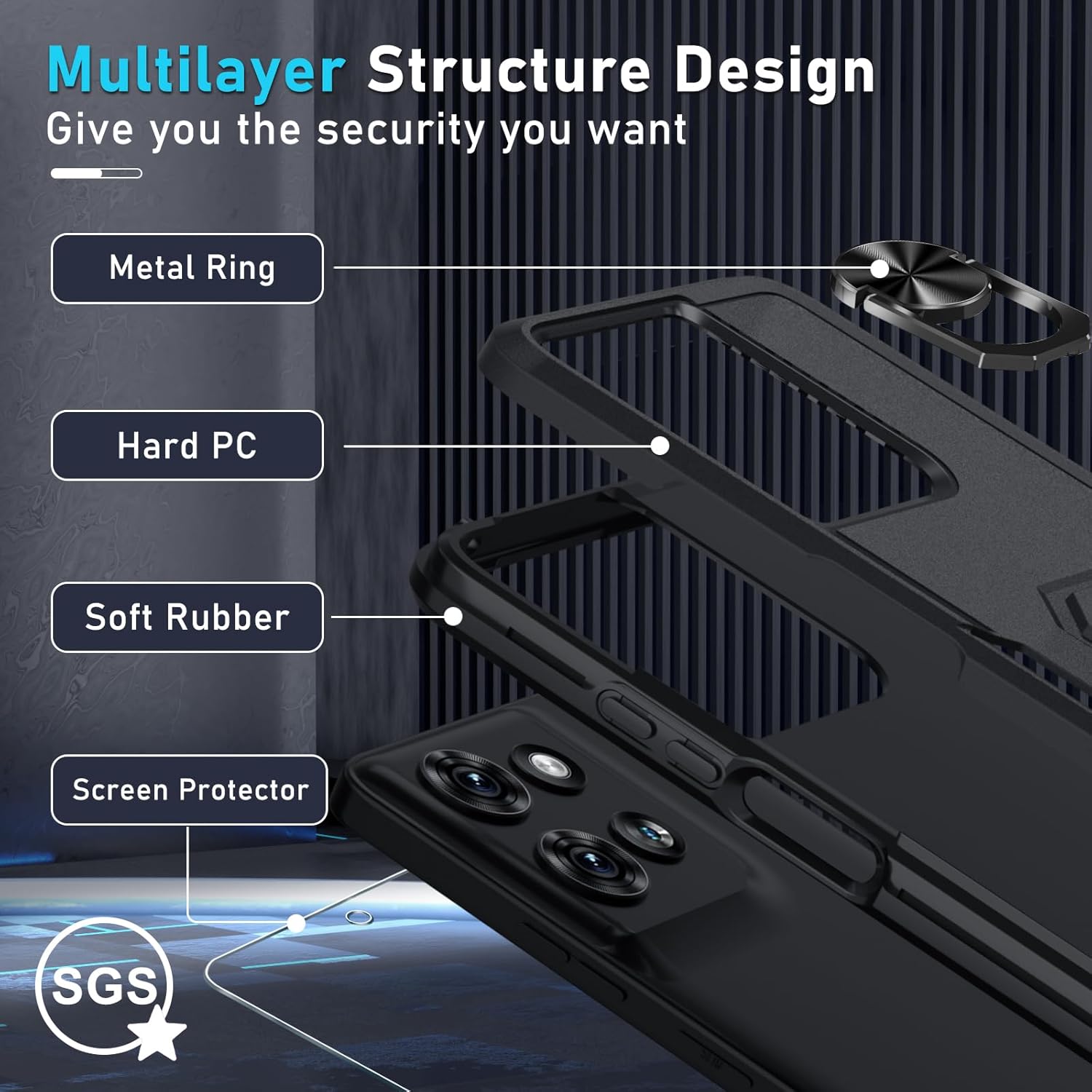 Janmitta for Motorola Moto G 2025 Case/Moto G 2026 Case with Screen Protector,Heavy Duty Shockproof Full Body Protective Cover Built in Rotatable Metal Holder for Moto-G-Play-2026,Black Matte