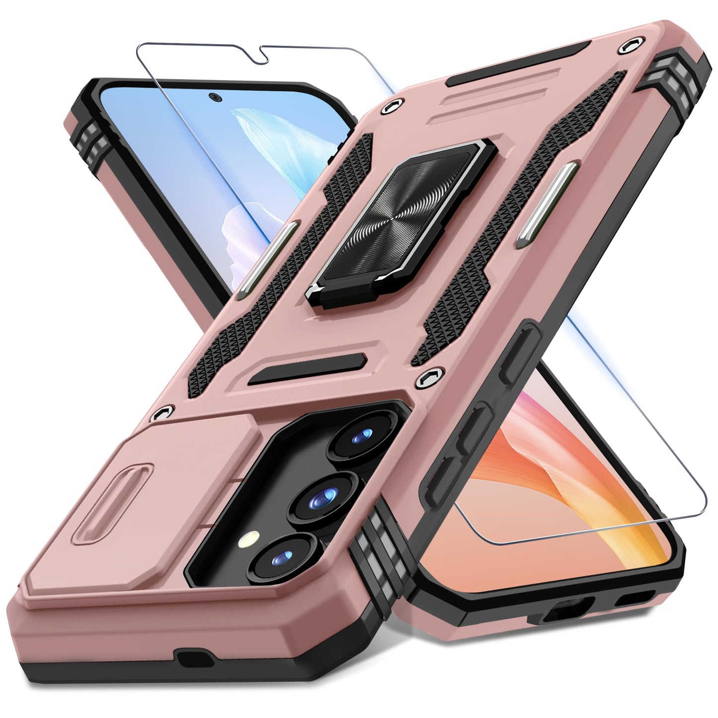 DEERLAMN Case for Samsung Galaxy S24 6.2-Inch with Slide Camera Cover+Screen Protector(1 Pack), Rotated Ring Kickstand Military Grade Shockproof Protective Cover-Black