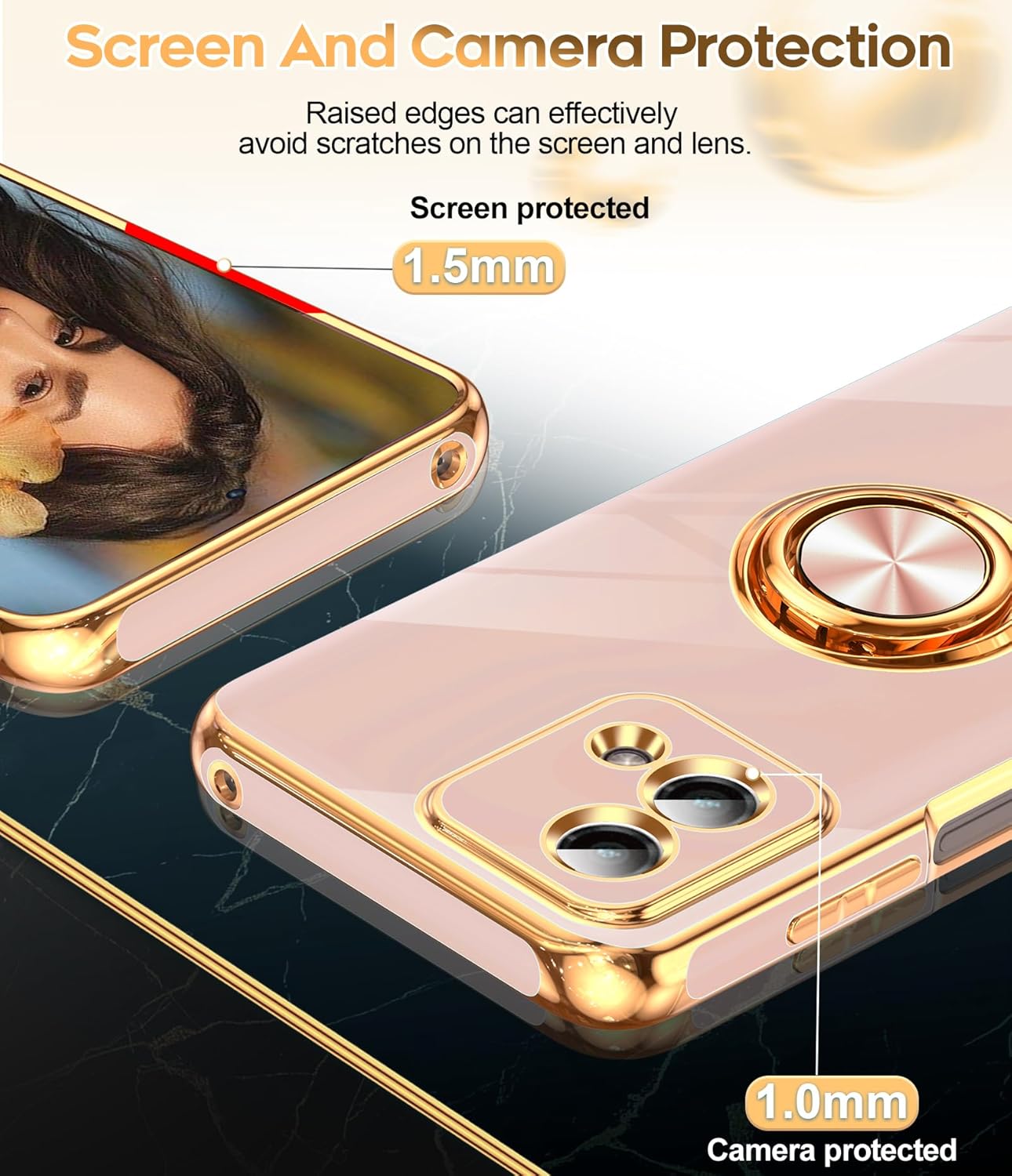 LeYi for Moto G Stylus 5G 2023 Phone Case: with Tempered Glass Screen Protector [2 Pack] 360° Rotatable Ring Holder Magnetic Kickstand, Plating Rose Gold Edge Motorola G Stylus 5G 2023 Case, Pink