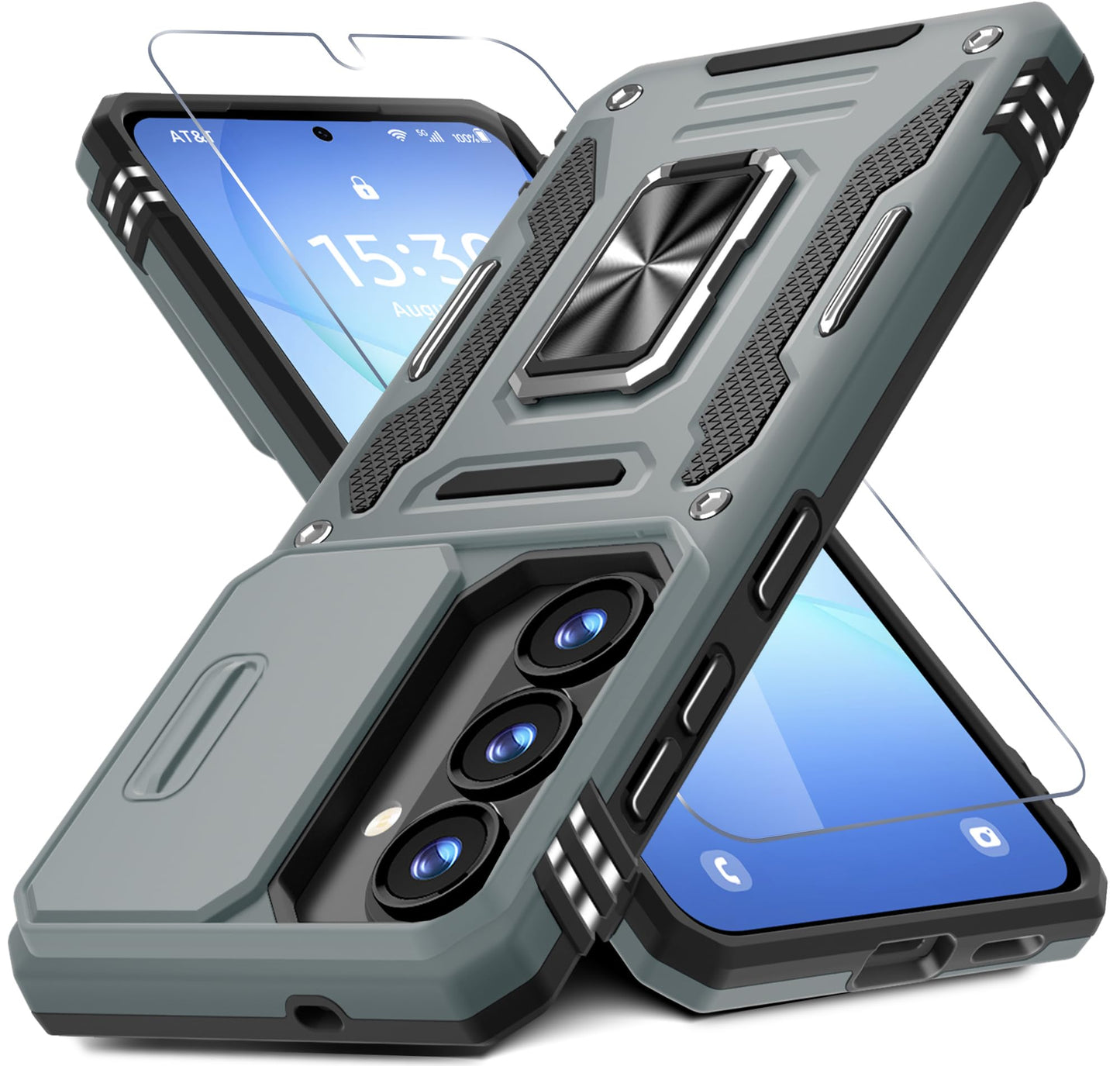 DEERLAMN Case for Samsung Galaxy A17 5G with Slide Camera Cover+Screen Protector (1 Pack), Rotated Ring Kickstand Military Grade Shockproof Protective Cover-Navy Blue