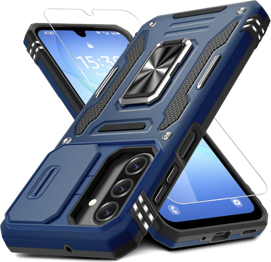 DEERLAMN Case for Samsung Galaxy A17 5G with Slide Camera Cover+Screen Protector (1 Pack), Rotated Ring Kickstand Military Grade Shockproof Protective Cover-Navy Blue
