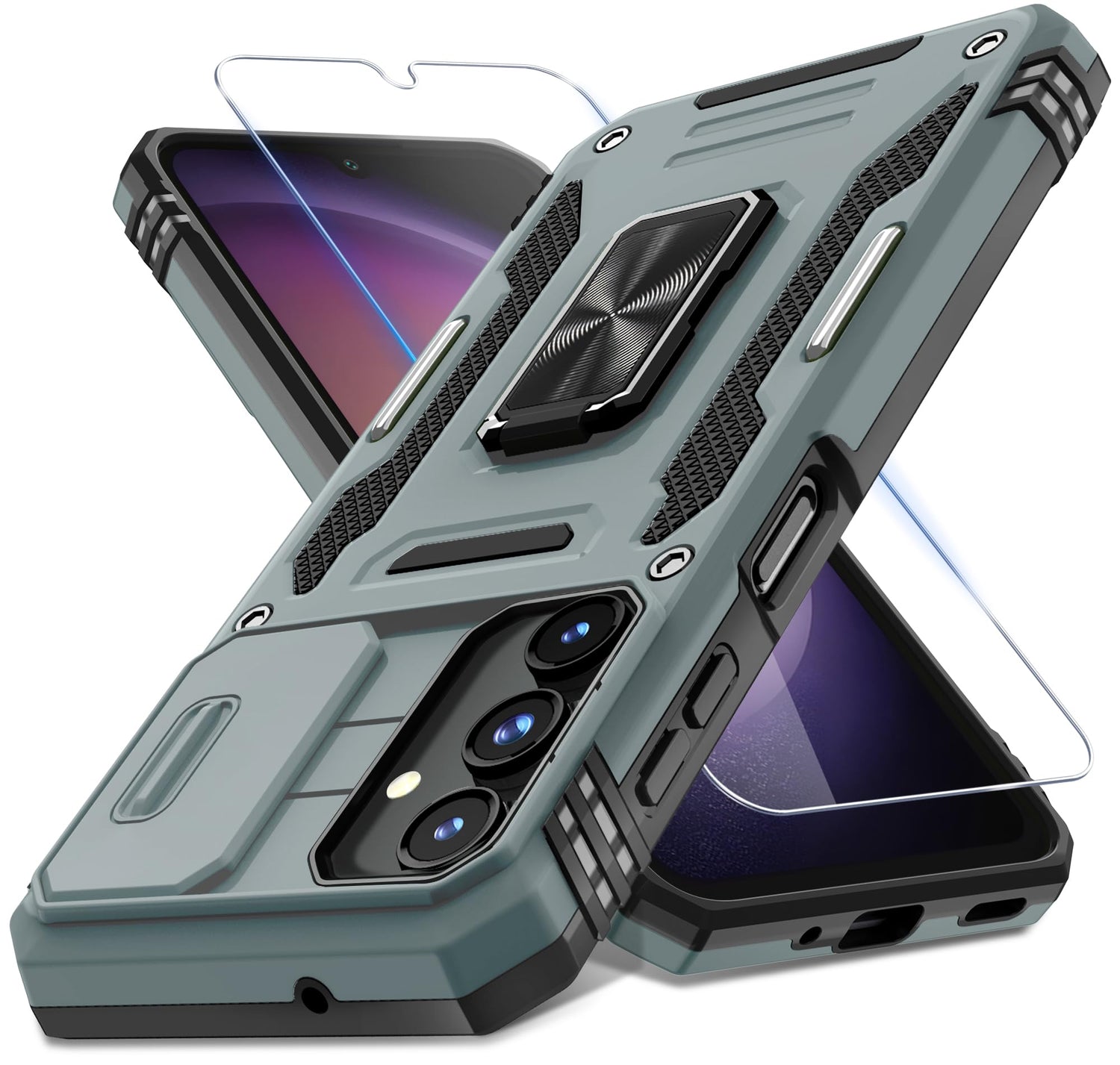 DEERLAMN Case for Samsung Galaxy A17 5G with Slide Camera Cover+Screen Protector (1 Pack), Rotated Ring Kickstand Military Grade Shockproof Protective Cover-Navy Blue