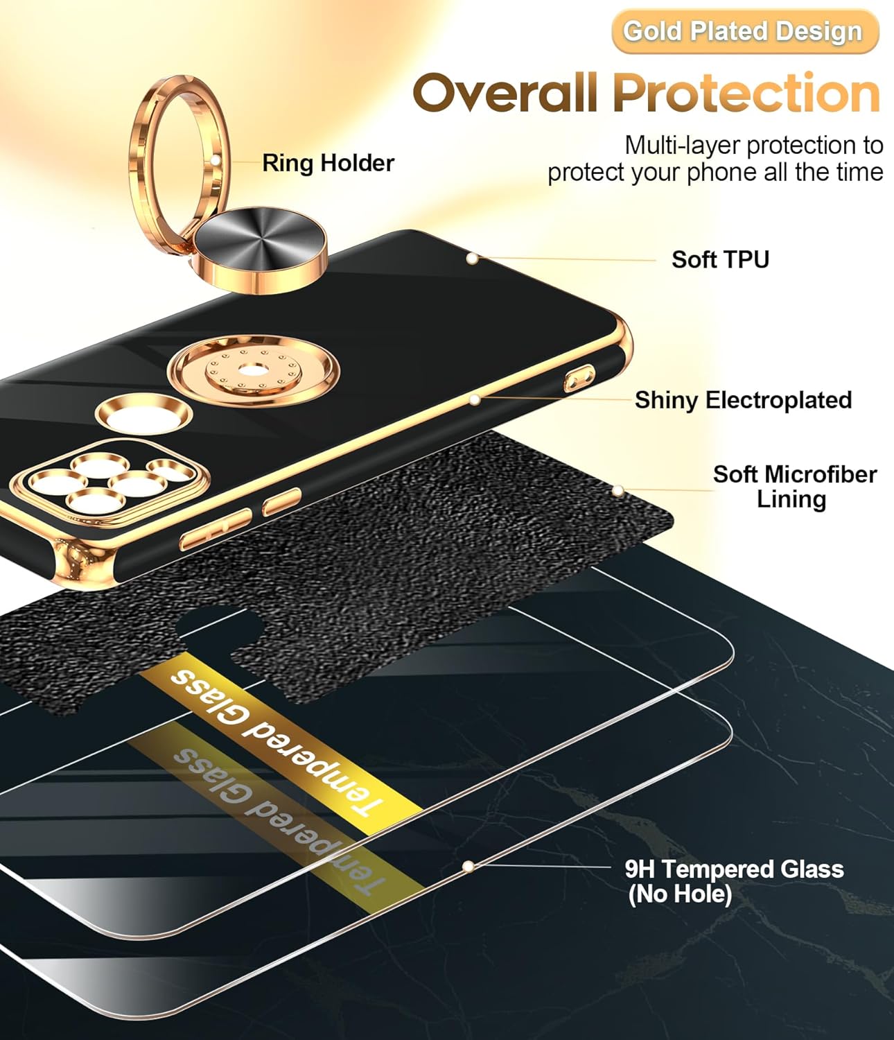 LeYi for Moto G Stylus 5G 2021 Case: with Tempered Glass Screen Protector [2 Pack] 360° Rotatable Ring Holder Magnetic Kickstand, Plating Rose Gold Edge Motorola G Stylus 5G 2021 Case, Black