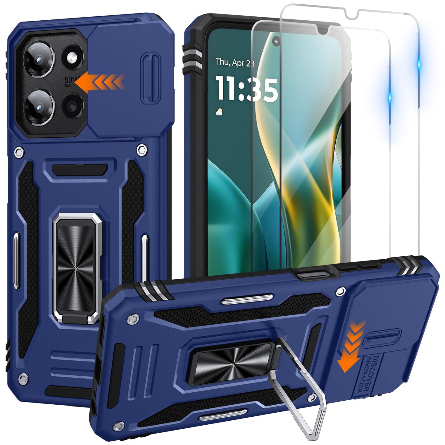 for Moto G Power 2025 Case/Moto G Power 2026 Case with 2 PCS HD Screen Protector, Slide Camera Cover Military Grade Drop Protection 360° Ring Holder Kickstand, Heavy Duty Shockproof, Black