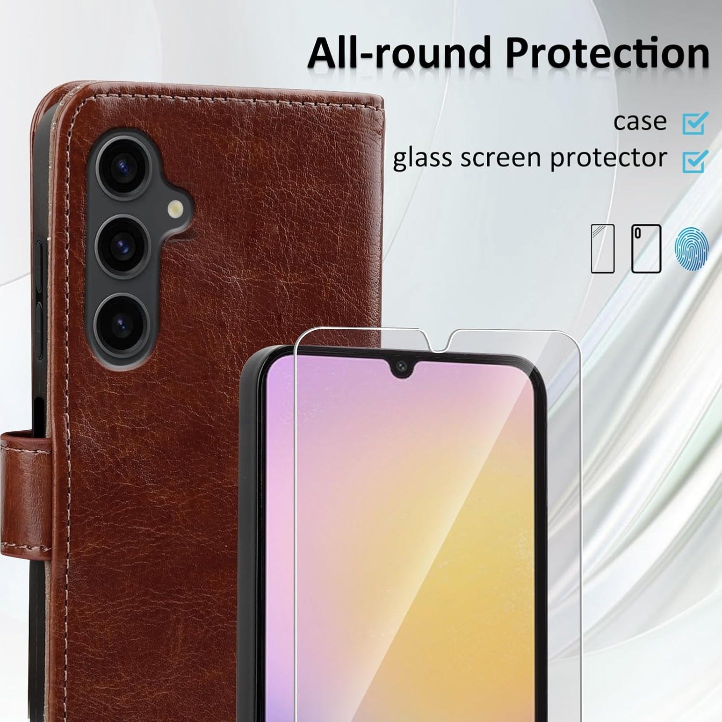 MONASAY Wallet Case Compatible for Samsung Galaxy A25 5G, [Included Glass Screen Protector][RFID Blocking] Flip Folio Leather Cell Phone Cover with Credit Card Holder, Brown