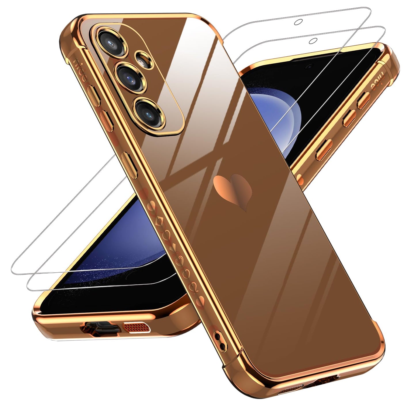 LeYi for Galaxy S23 FE Case: with Tempered Glass Screen Protector [2 Pcs]+ Full Camera Lens Protection, Love Heart Plating Women Cute Luxury Soft TPU Shockproof Case for Samsung S23FE 5G, Pink