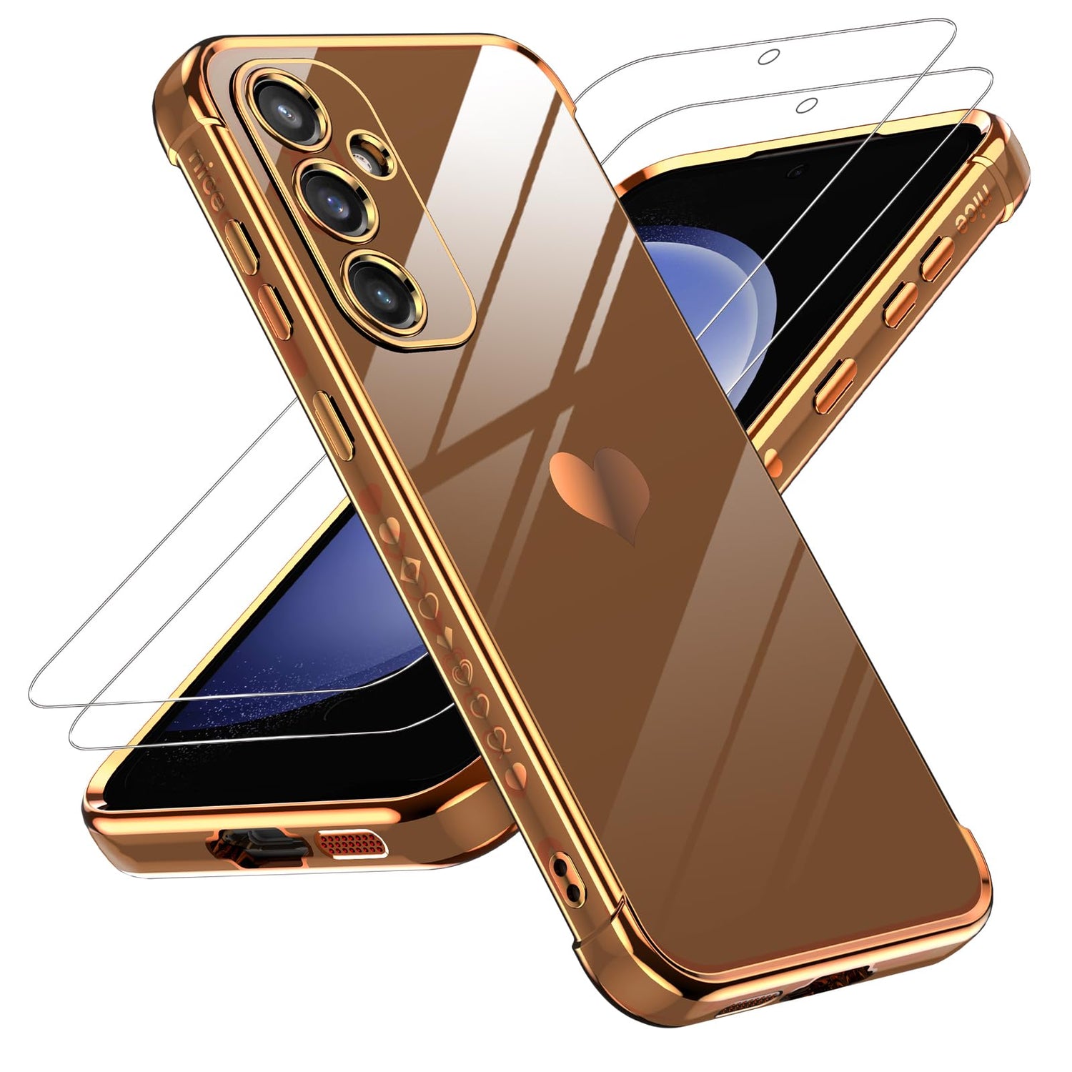 LeYi for Galaxy S23 FE Case: with Tempered Glass Screen Protector [2 Pcs]+ Full Camera Lens Protection, Love Heart Plating Women Cute Luxury Soft TPU Shockproof Case for Samsung S23FE 5G, Pink