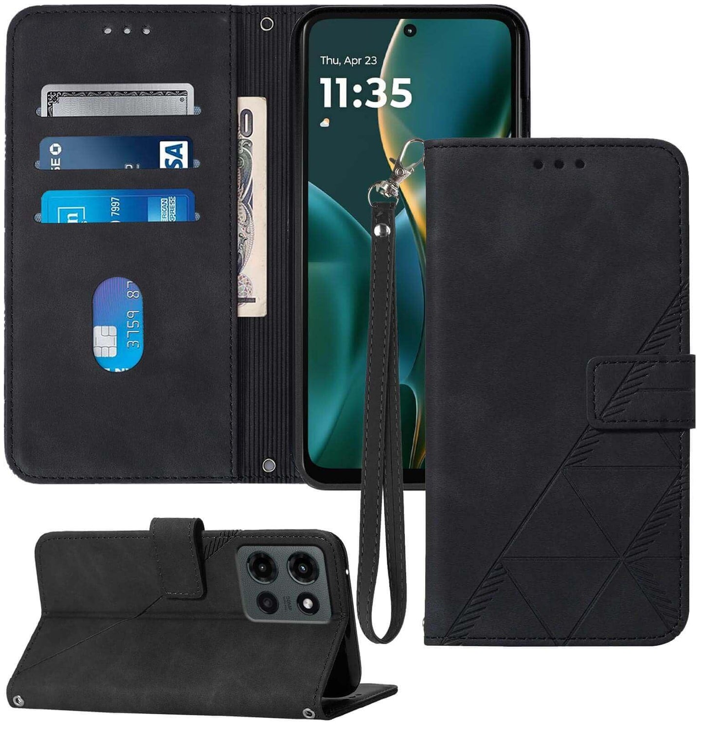 for Moto G Power 2025 Case Wallet, Card Holder Slots, Wrist Strap, TPU Interior Phone Protective, Stand PU Leather Folio Flip Cases Cover for Moto G Power - 2025 (Black)