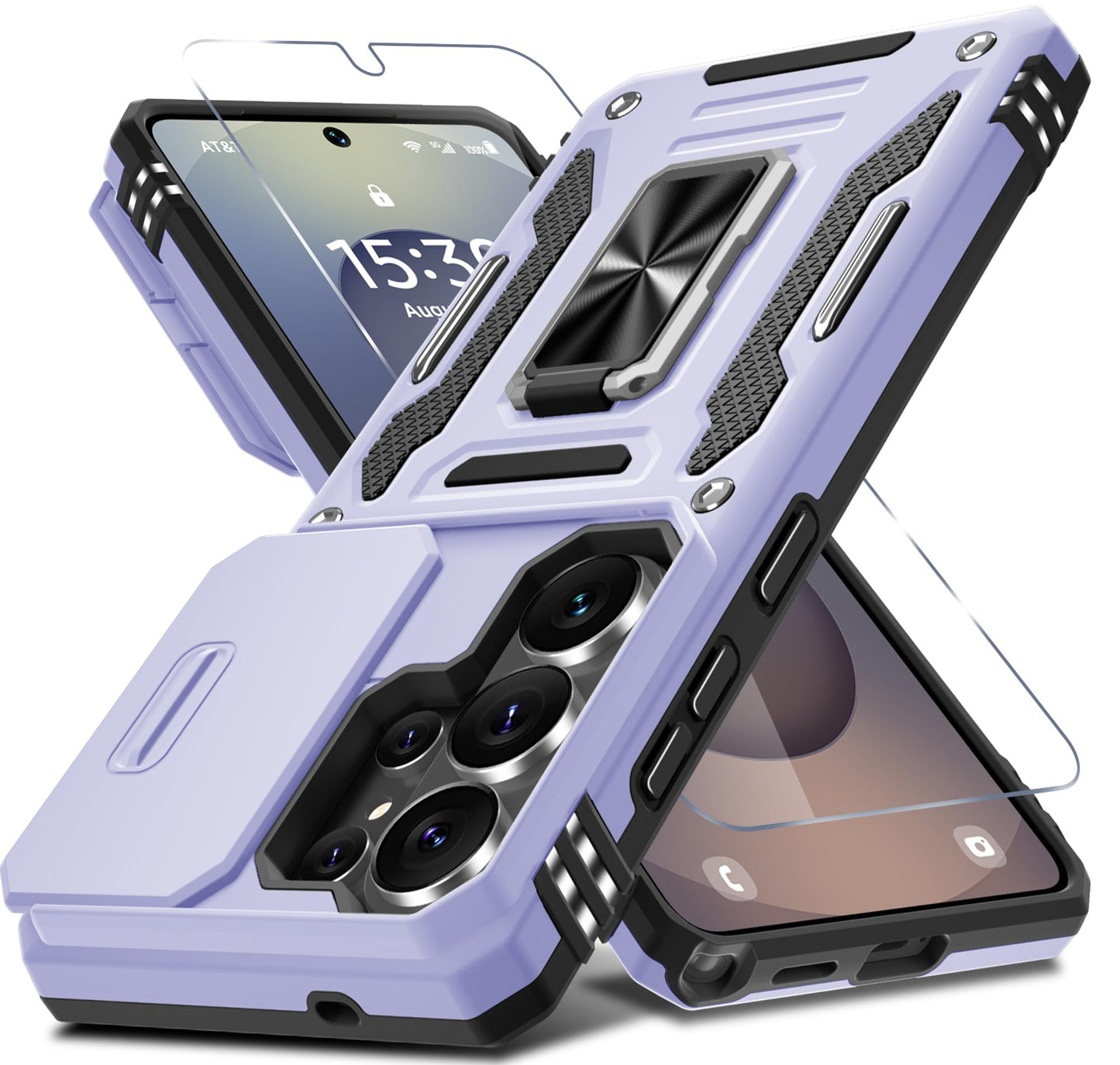 DEERLAMN Case for Samsung Galaxy A17 5G with Slide Camera Cover+Screen Protector (1 Pack), Rotated Ring Kickstand Military Grade Shockproof Protective Cover-Navy Blue