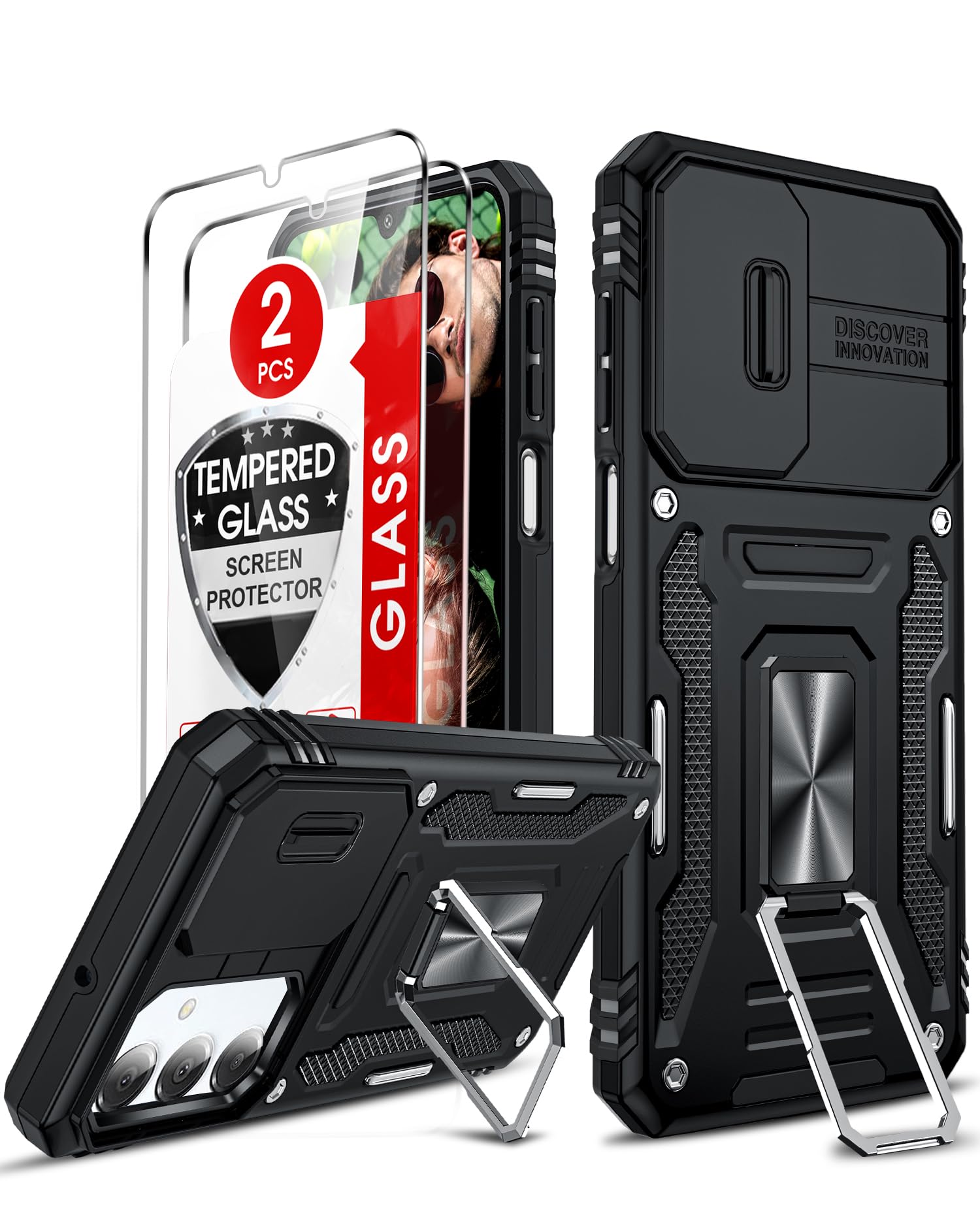 LeYi Compatible for Samsung Galaxy S24-FE Case: [𝗡𝗼𝘁 𝗳𝗶𝘁 𝗦𝟮𝟰 𝟱𝗚] Samsung S24 FE Case with S24FE Screen Protector X2 & Magnetic Stand, Military-Grade Cell Galaxy S 24 FE Phone, Black
