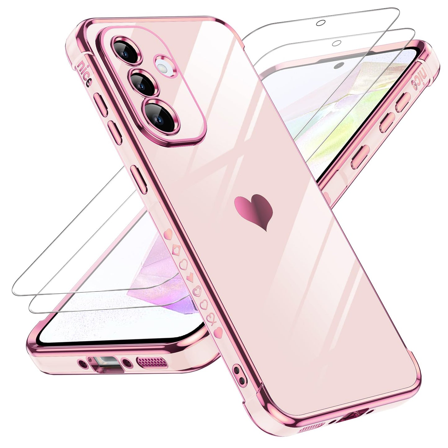 LeYi for Galaxy A16-5G Phone Case: Tempered Glass Screen Protector [2 Pcs]+ Full Camera Lens Protection,Love Heart Plating Luxury Shockproof Phone Case para Samsung A 16 5G Cute,Pink