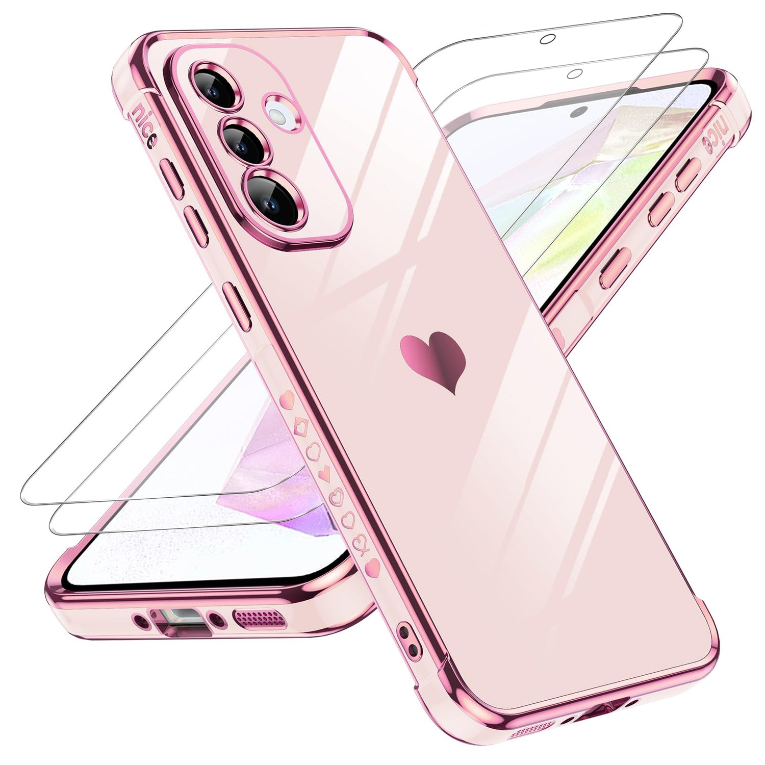 LeYi for Galaxy A16-5G Phone Case: Tempered Glass Screen Protector [2 Pcs]+ Full Camera Lens Protection,Love Heart Plating Luxury Shockproof Phone Case para Samsung A 16 5G Cute,Pink