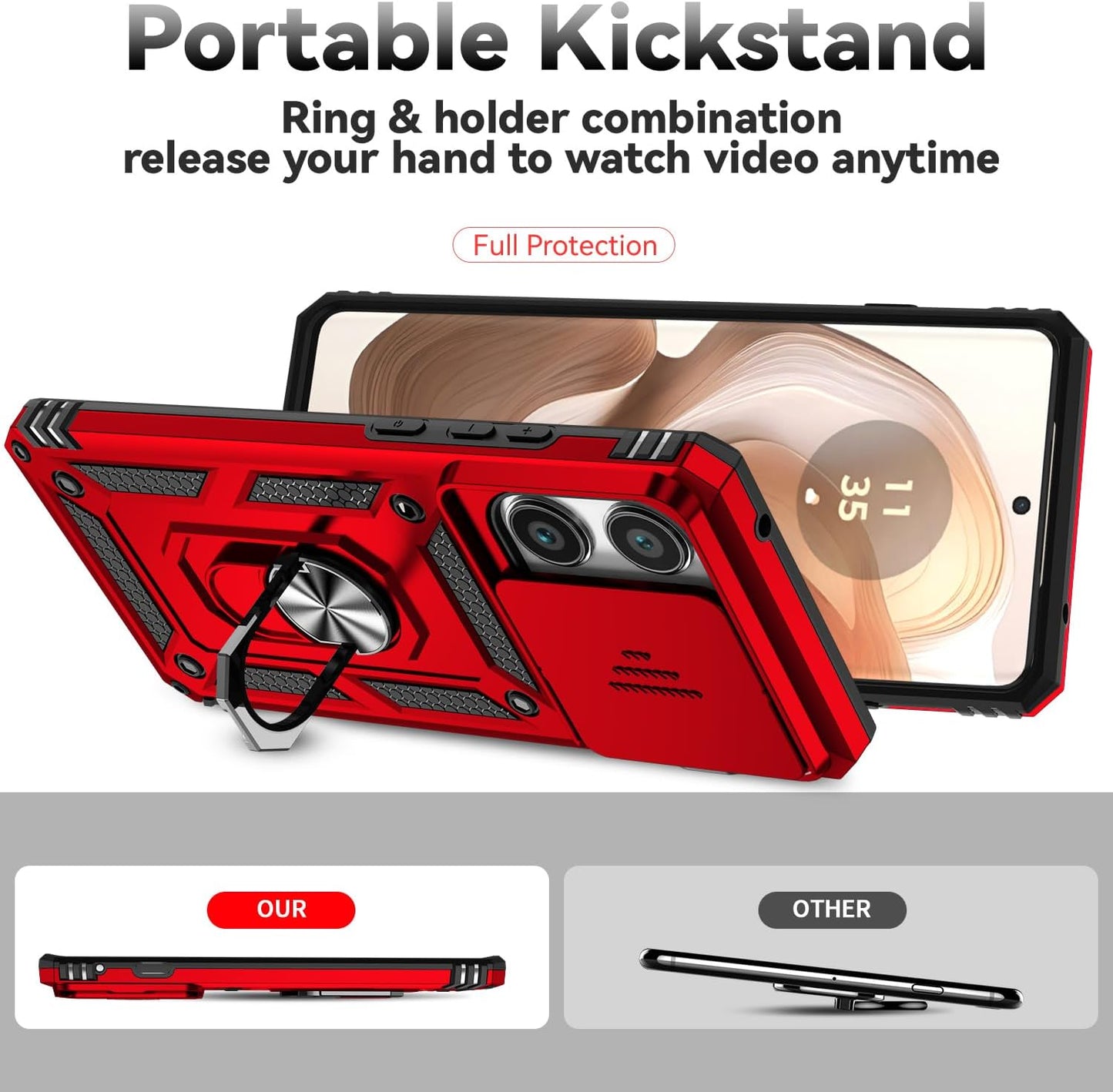 SunStory Compatible with Motorola Moto Edge 2025 Case with HD Screen Protector & Slide Camera Cover & Rotated Ring Kickstand, [Military-Grade] Phone Case for Moto Edge 2025,Red