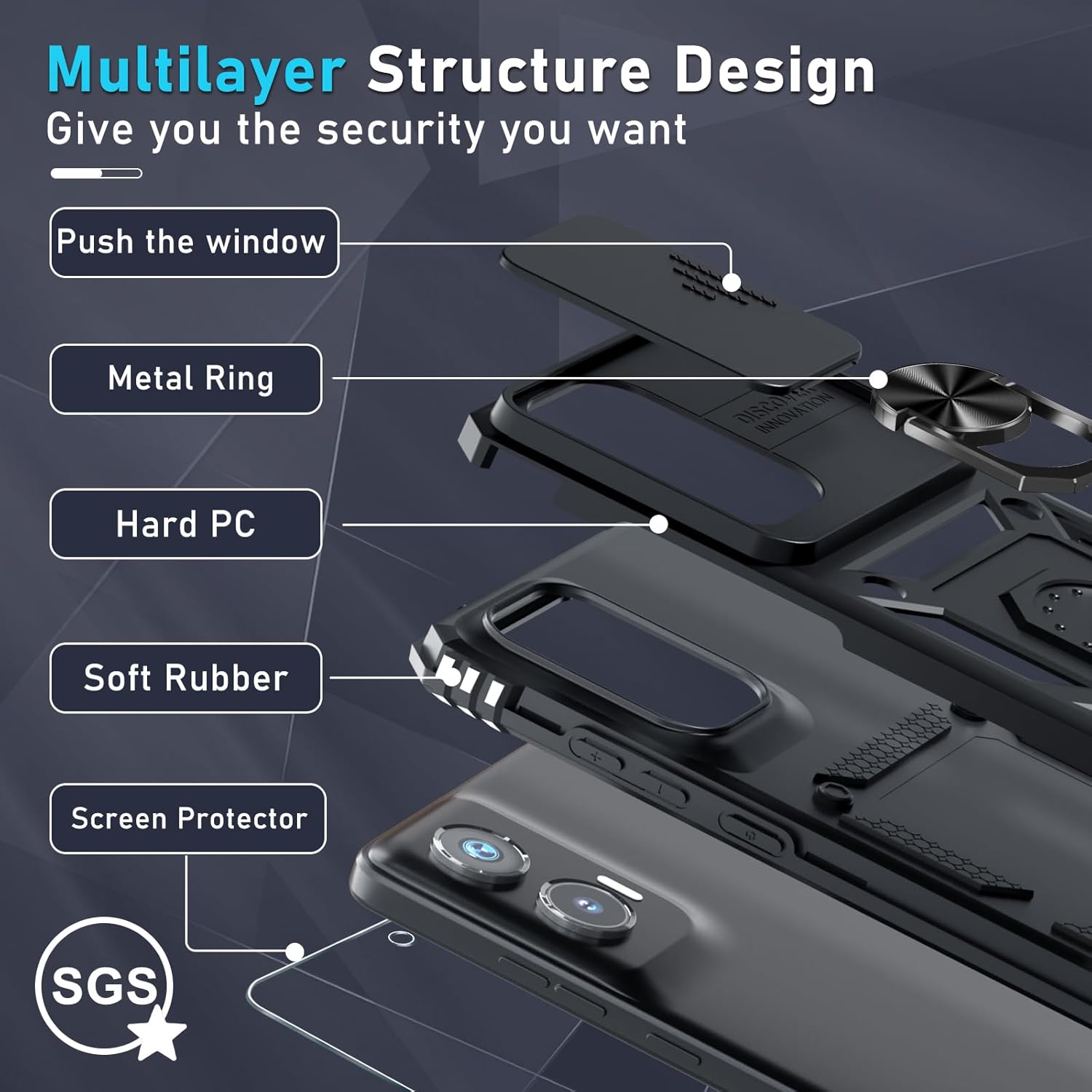 Janmitta Compatible with Moto G Stylus 5G 2024 Case Built in Slide Camera Lens Cover+Screen Protector+Finger Ring Holder Kickstand,Heavy Duty Shockproof Full Body Protective Phone Cover,Black
