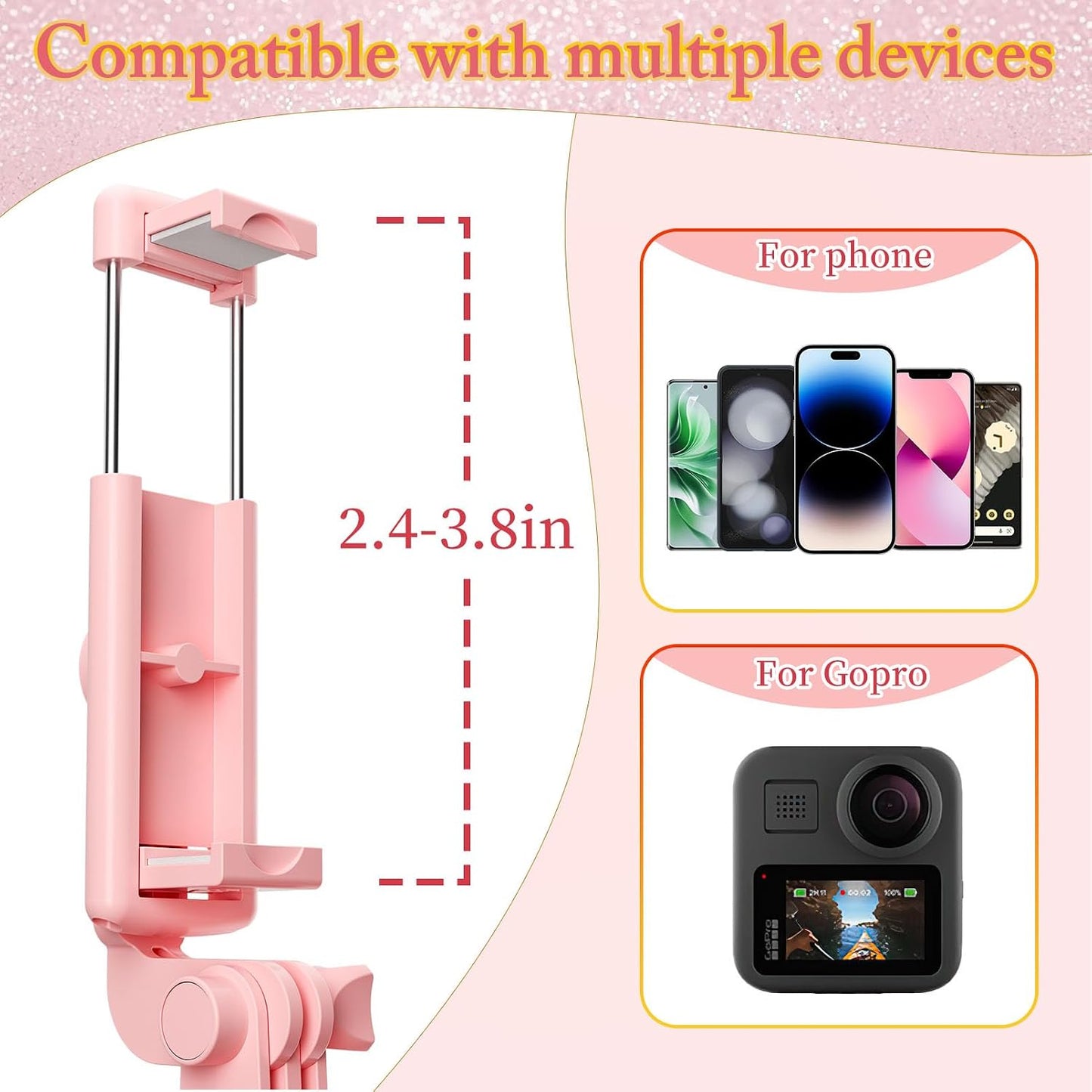 Pink Selfie Stick Tripod, with Wireless Remote Control, Live Streaming and Video Recording, Compatible with Android, iPhone and More