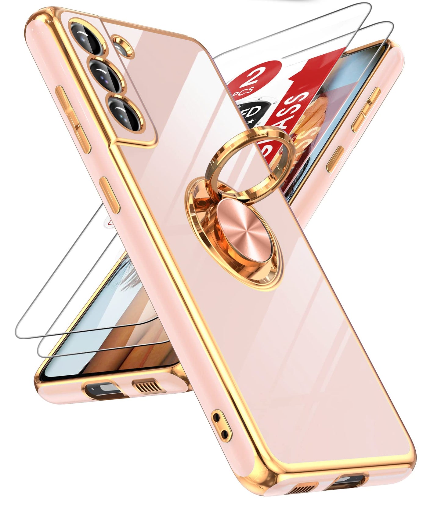 LeYi for Samsung Galaxy S21 FE 5G Case with Tempered Glass Screen Protector [2 Pack] 360° Rotatable Ring Holder Magnetic Kickstand, Plating Rose Gold Edge Protective Case, Blue