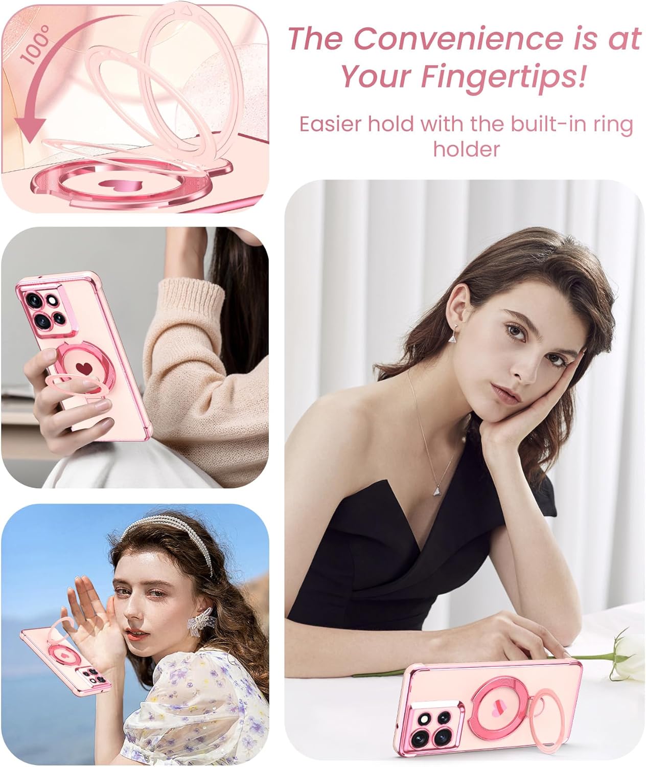 for Motorola Moto G Power 5G 2025/2026 Phone Case with Screen Protector,Cute Love Heart,Ring Metal Kickstand,Plated Gold Edge Soft TPU Protection Cover for Moto G Power 2025/2026 (Pink)