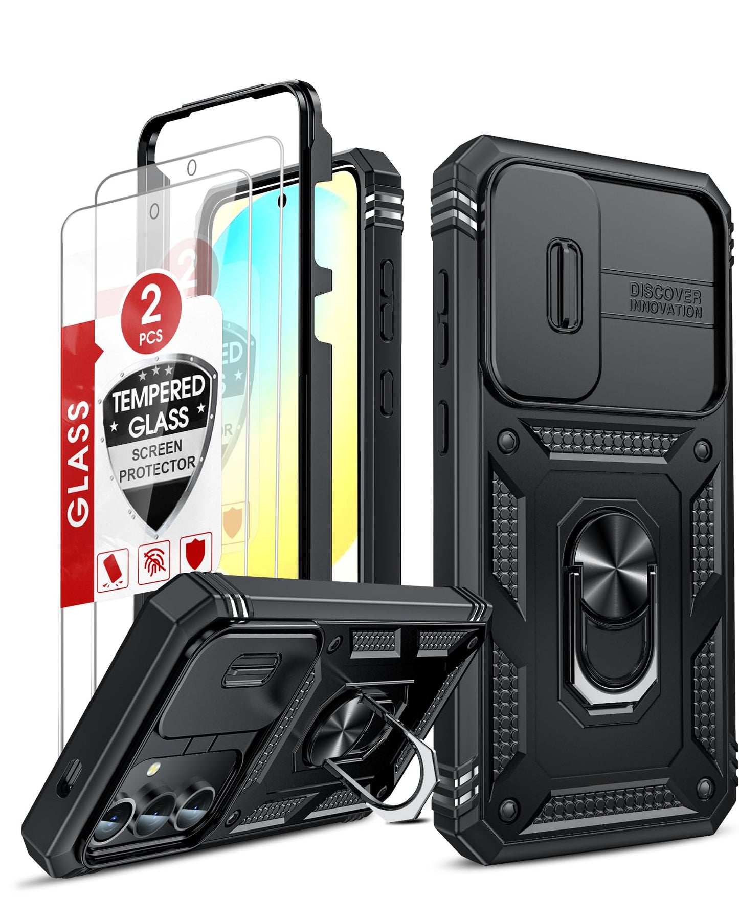 LeYi Compatible for Samsung Galaxy A15-5G Phone Case: Galaxy A15 5G Screen Protector Scratch Resistant [2 Packs] with A15 Case, Heavy Duty Shockproof para Basic Android Galaxy Phone Case A 15, Black