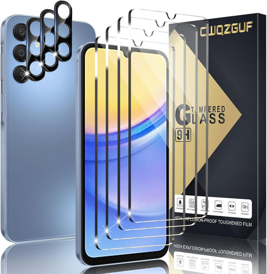 [4+3 Pack Screen Protector Compatible with Galaxy A15 5G, 4 Tempered Glass with 3 Camera Lens Protectors, High Clarity, Anti-Shatter, Bubble Free