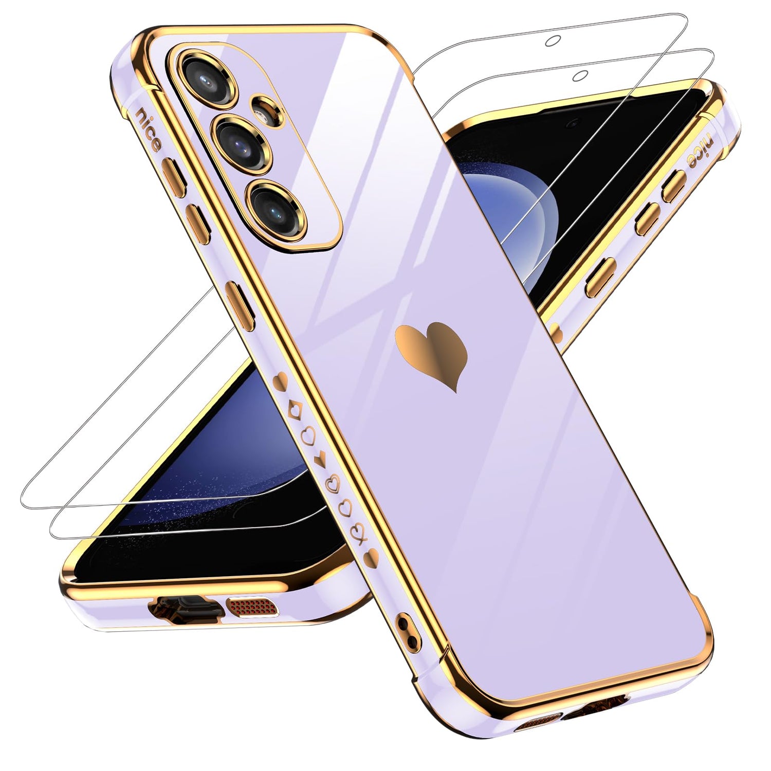 LeYi for Galaxy S23 FE Case: with Tempered Glass Screen Protector [2 Pcs]+ Full Camera Lens Protection, Love Heart Plating Women Cute Luxury Soft TPU Shockproof Case for Samsung S23FE 5G, Pink