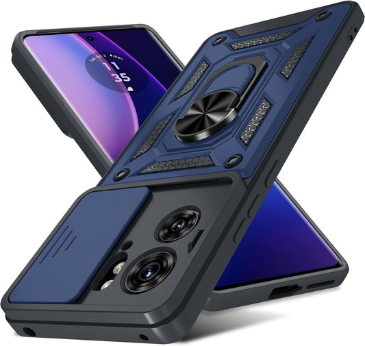 Janmitta Compatible with Moto Edge 2023 Case Built in Slide Camera Lens Cover+Finger Ring Holder Kickstand,Heavy Duty Shockproof Full Body Phone Cover,Blue