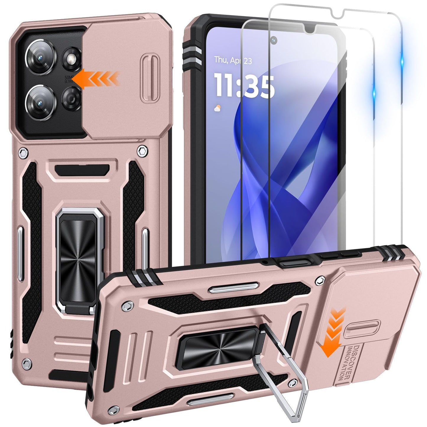 for Moto G Power 2025 Case/Moto G Power 2026 Case with 2 PCS HD Screen Protector, Slide Camera Cover Military Grade Drop Protection 360° Ring Holder Kickstand, Heavy Duty Shockproof, Black