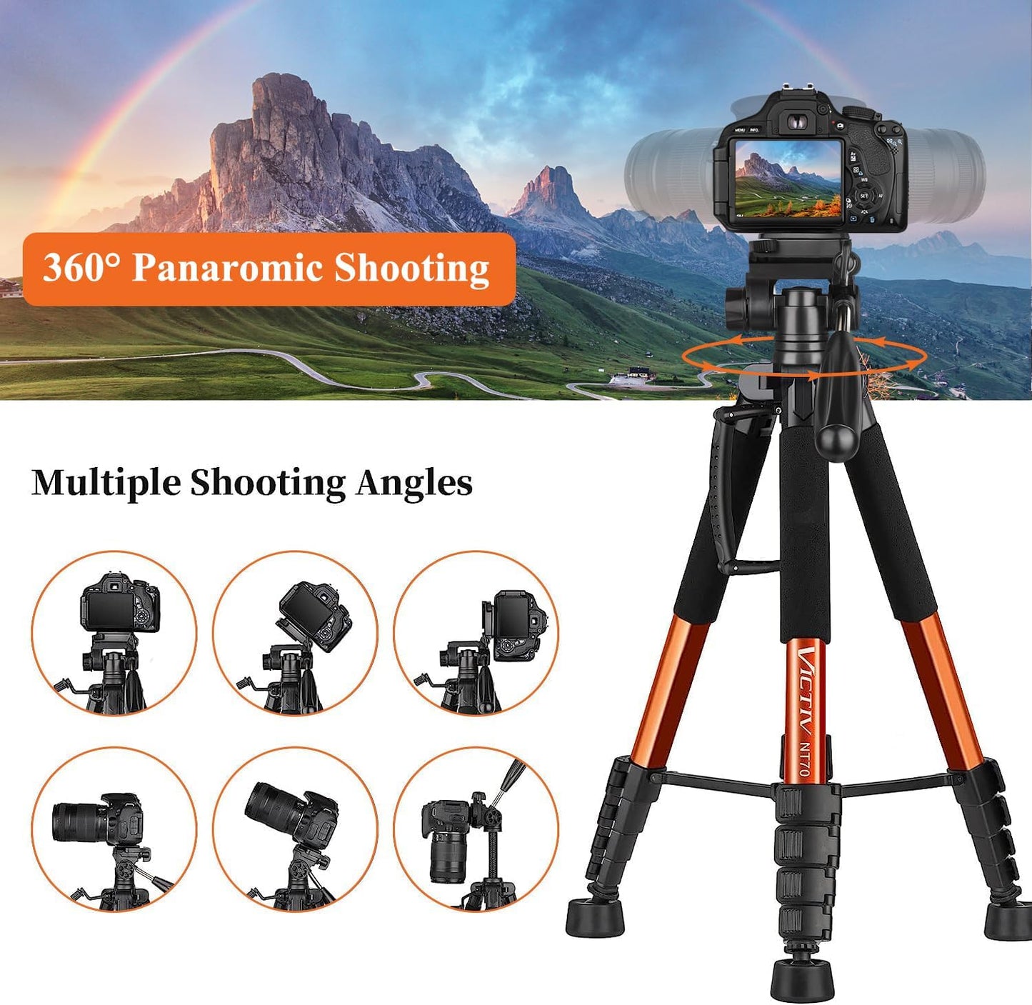 Victiv 74” Camera Tripod, Phone Tripod for iPhone with Phone Holder, Orange | Aluminum Professional Heavy Duty Camera Tripod Stand, Tall Tripod for DSLR with Carry Bag, Compatible with Canon Nikon iPhone