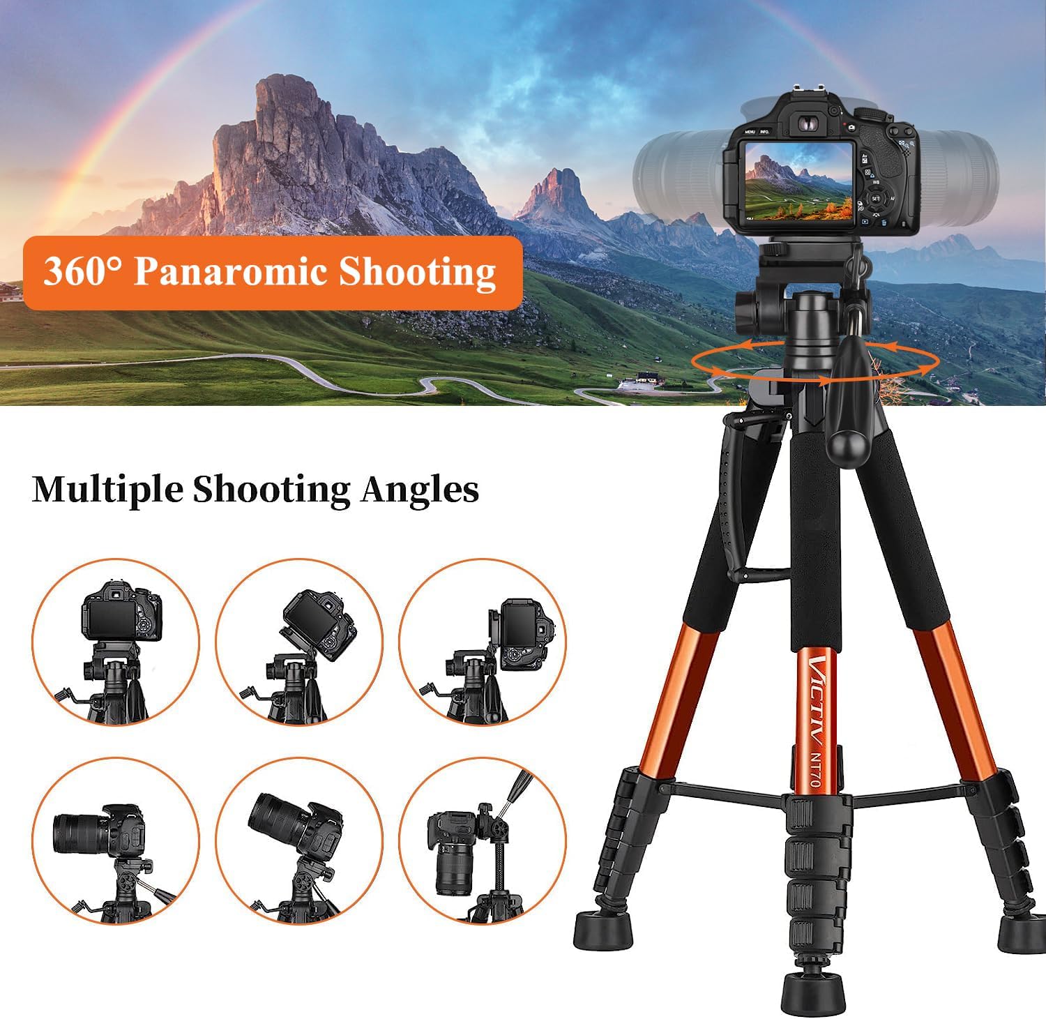 Victiv 74” Camera Tripod, Phone Tripod for iPhone with Phone Holder, Orange | Aluminum Professional Heavy Duty Camera Tripod Stand, Tall Tripod for DSLR with Carry Bag, Compatible with Canon Nikon iPhone