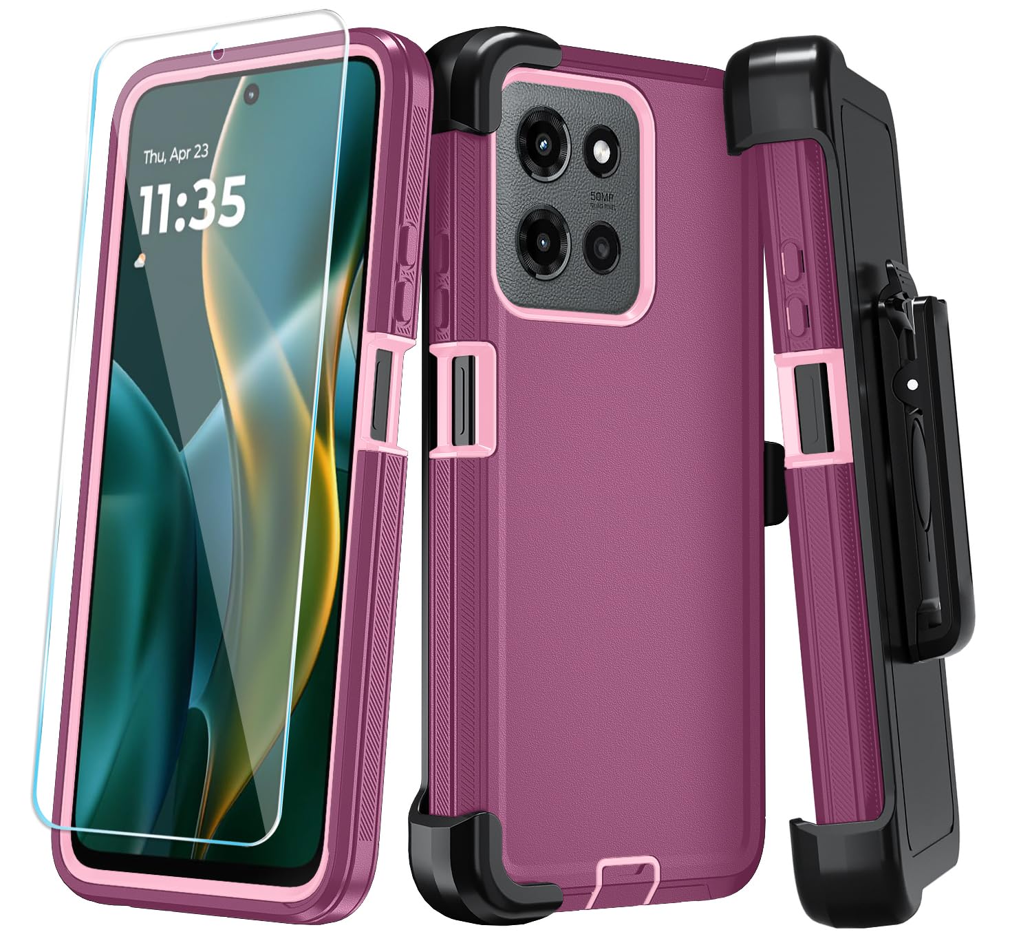 Qinmay Phone Case for Motorola Moto G 5G 2025/Moto G Play 5G 2025 Case with HD Screen Protector, Heavy Duty Shockproof & Dropproof 3-Layer Cover Phone Case,WineRedPink
