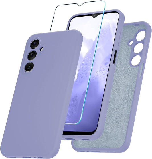 for Samsung Galaxy A15 5G Case, Silicone Phone Case with 1 Screen Protector, Soft Anti-Scratch Microfiber Lining, Full Body Shockproof Slim Cover, Lavender Purple