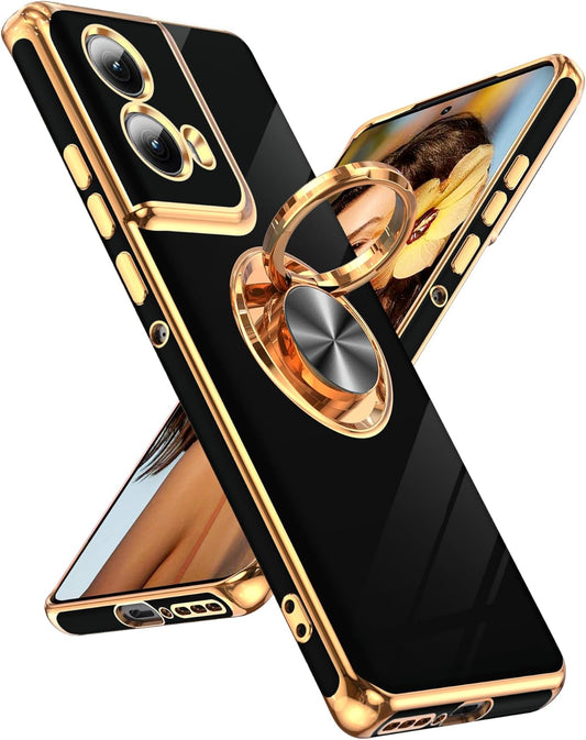LeYi for Motorola-Edge-2024-Case: 【NOT FIT Edge 50/ G 5G 2024】 with 360° Rotatable Ring Holder Magnetic Kickstand, Plating Rose Gold Edge Protective for Motorola Moto Edge 5G 2024 Case, Black