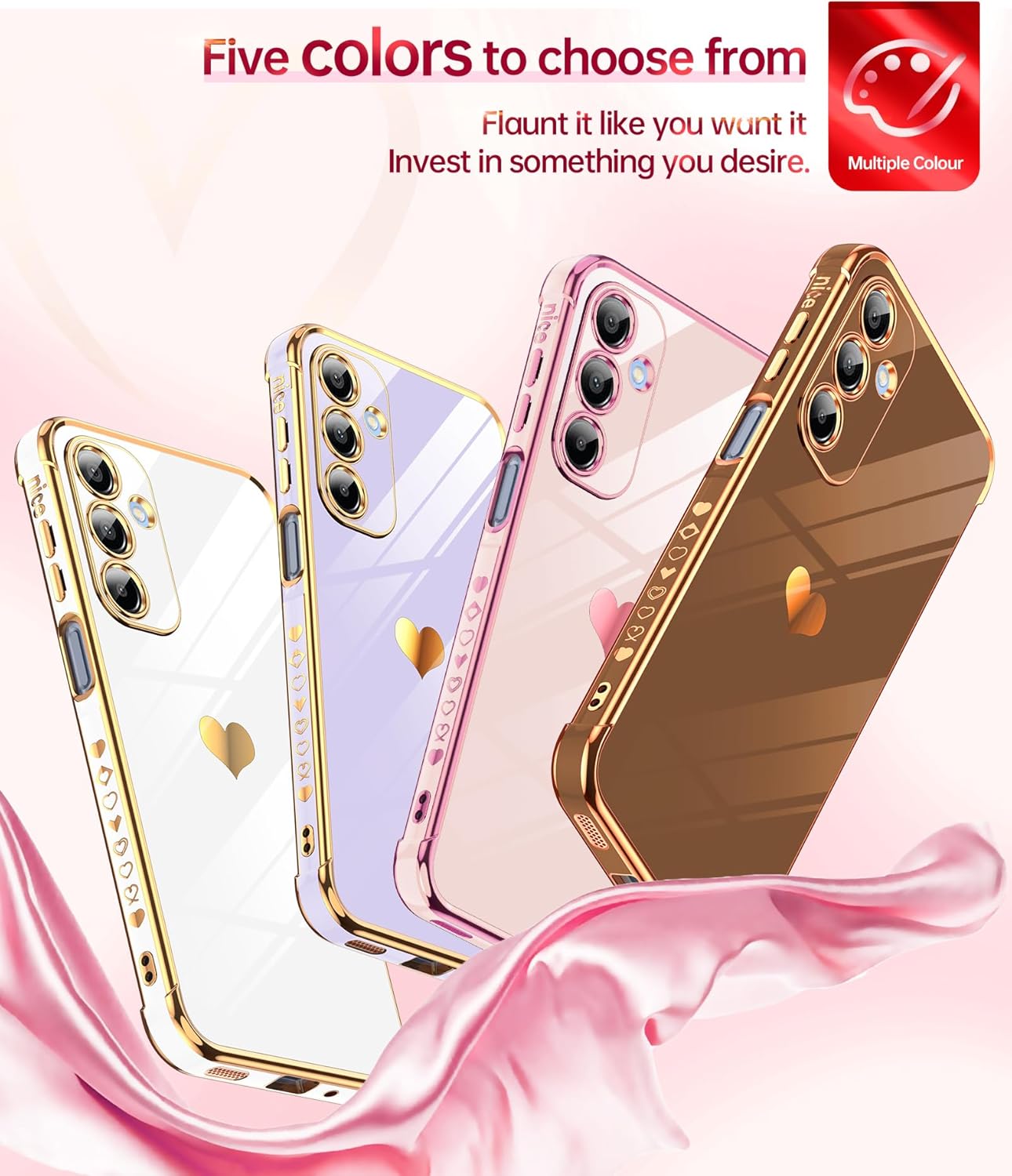 LeYi for Galaxy A16-5G Phone Case: Tempered Glass Screen Protector [2 Pcs]+ Full Camera Lens Protection,Love Heart Plating Luxury Shockproof Phone Case para Samsung A 16 5G Cute,Pink