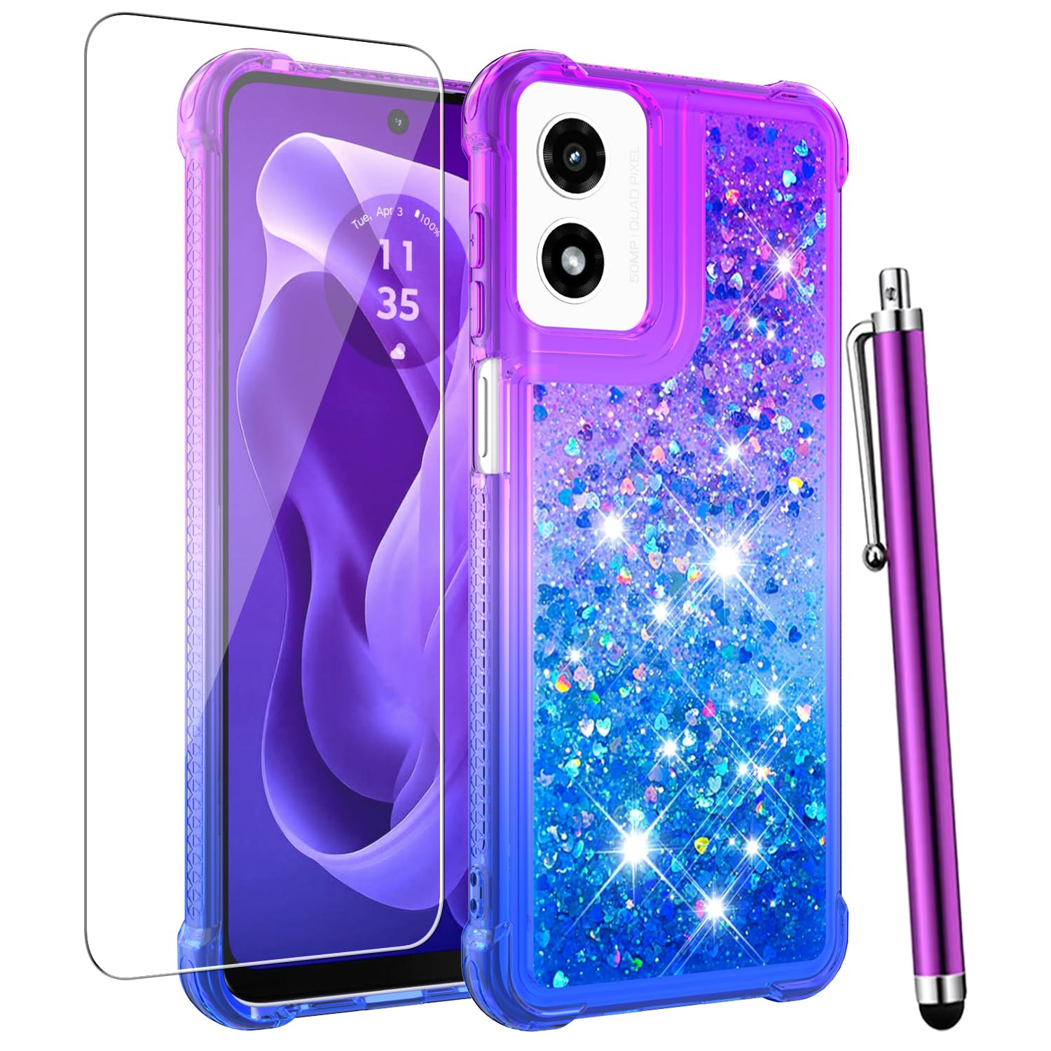 for Moto G Play 2024 Case with Screen Protector, Cute Women Girls Glitter Bling Liquid Floating Phone Case Slim TPU Soft Silicone Shockproof Girly Cover for Motorola G Play 2024 -Pink Purple