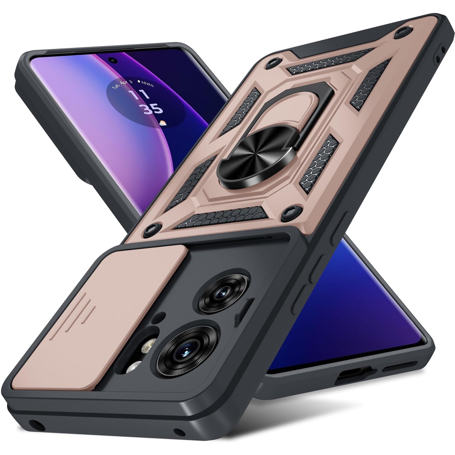 Janmitta Compatible with Moto Edge 2023 Case Built in Slide Camera Lens Cover+Finger Ring Holder Kickstand,Heavy Duty Shockproof Full Body Phone Cover,Blue