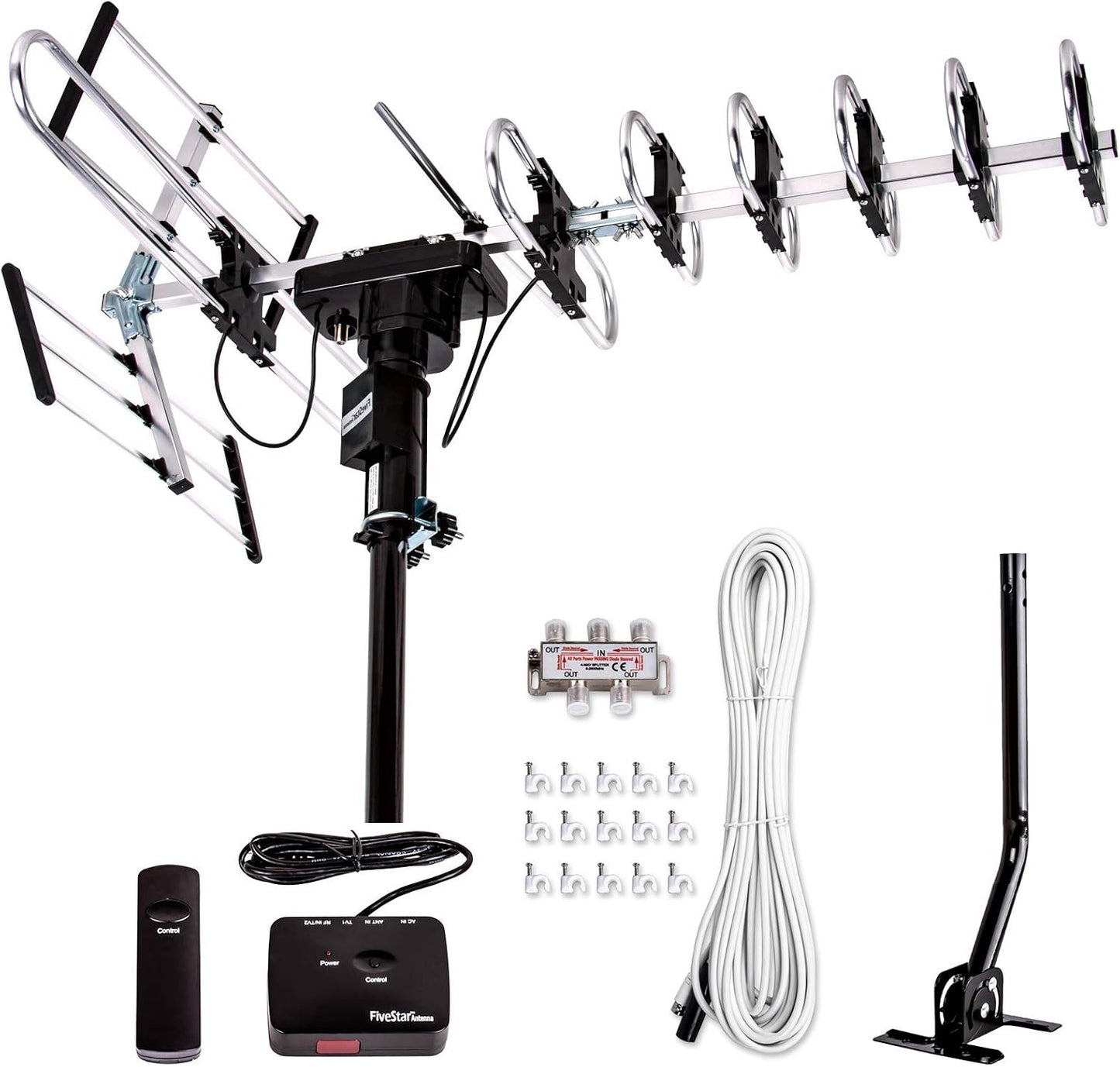 Outdoor Digital Amplified HDTV Antenna - up to 200 Mile Long Range,Directional 360 Degree Rotation,HD 4K 1080P FM, Supports 5 TVs Plus Installation Kit and Mounting Pole