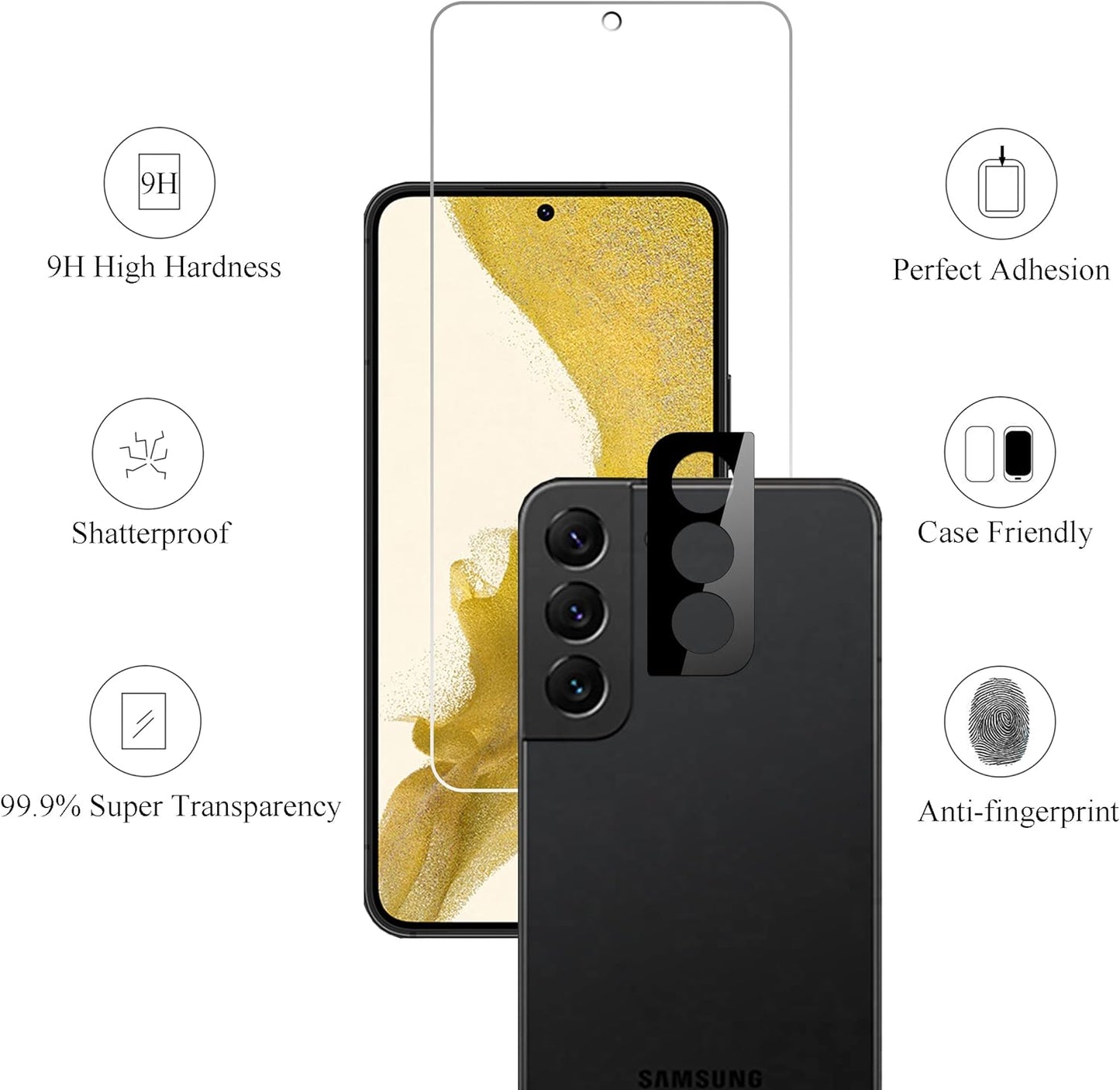 Ailun Screen Protector for Galaxy S22+/S22 Plus 5G 6.6 Inch Display 3Pack + 3Pack Camera Lens Tempered Glass Fingerprint Unlock 0.25mm Clear Anti-Scratch Case Friendly [Not For S22 Ultra]