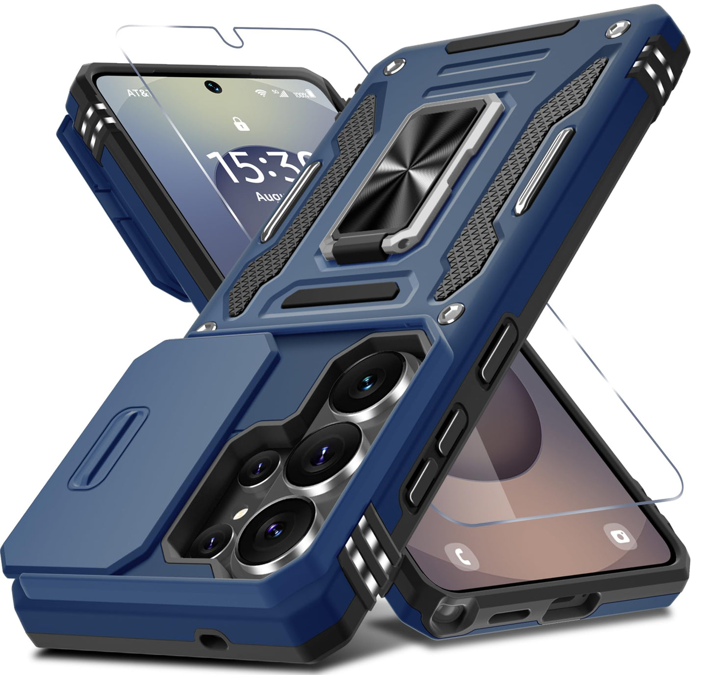 DEERLAMN Case for Samsung Galaxy A17 5G with Slide Camera Cover+Screen Protector (1 Pack), Rotated Ring Kickstand Military Grade Shockproof Protective Cover-Navy Blue