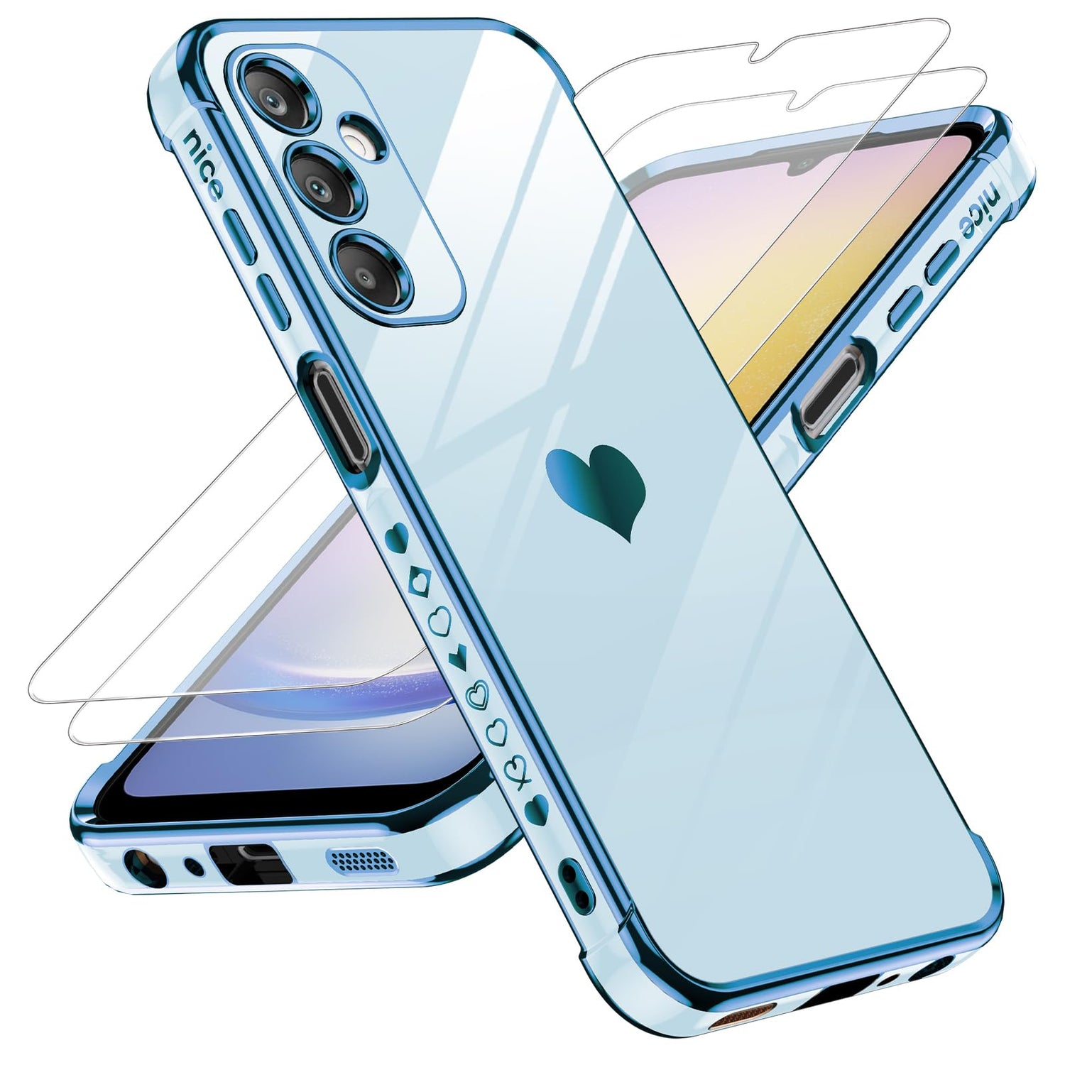 LeYi for Samsung Galaxy A25-5G Phone Case: with Tempered Glass Screen Protector [2 Pcs]+ Full Camera Lens Protection, Love Heart Plating Women Luxury Soft TPU Shockproof Case for Samsung A25 5G, Pink