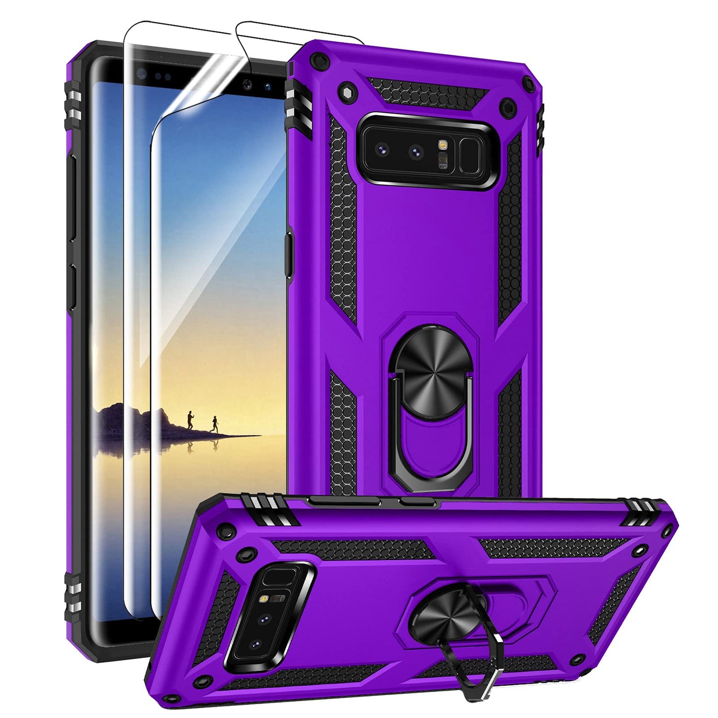 Androgate for Samsung Galaxy Note 8 Case with 3D PET Screen Protectors, Military-Grade Metal Ring Holder Kickstand 15ft Drop Tested Shockproof Cover Case for Samsung Galaxy Note 8 Black