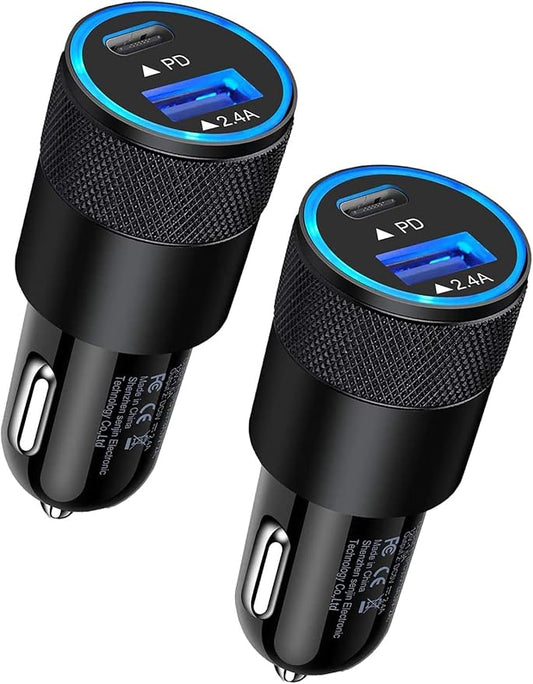 38W USB C Car Charger, PD 3.0 Fast Charge Dual Port USB Type C and 2.4a USB A Cargador Carro Lighter Adapter Base for iPhone, iPad, Samsung Galaxy, LG, Google Pixel GPS, Z Play Droid, Motorola