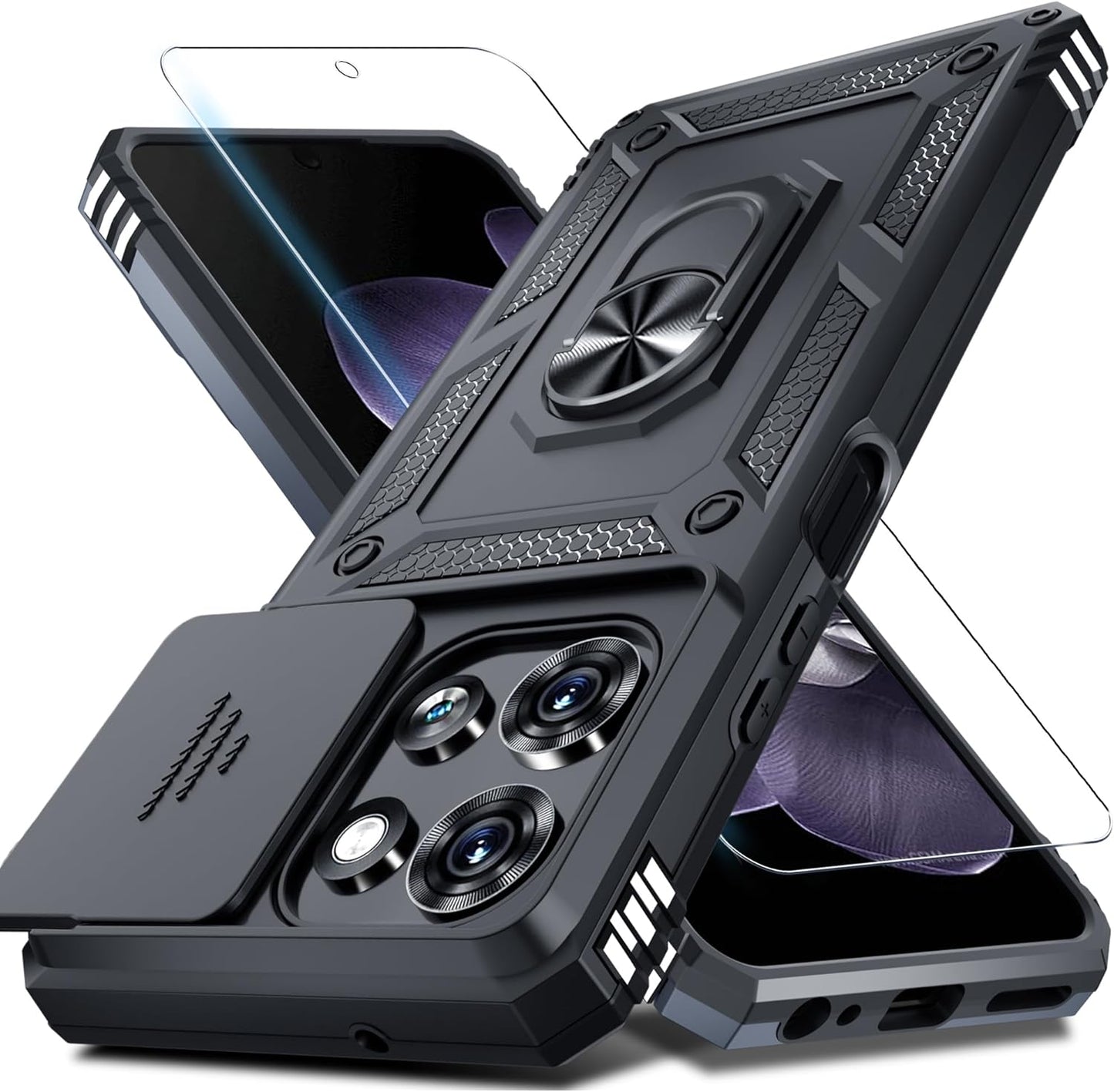 Janmitta for Moto G 2026/2025 Case,Moto G Play 2026 Case Built in Slide Camera Lens Cover+Screen Protector+Finger Ring Holder Kickstand,Heavy Duty Shockproof Full Body Protective Phone Cover,Black