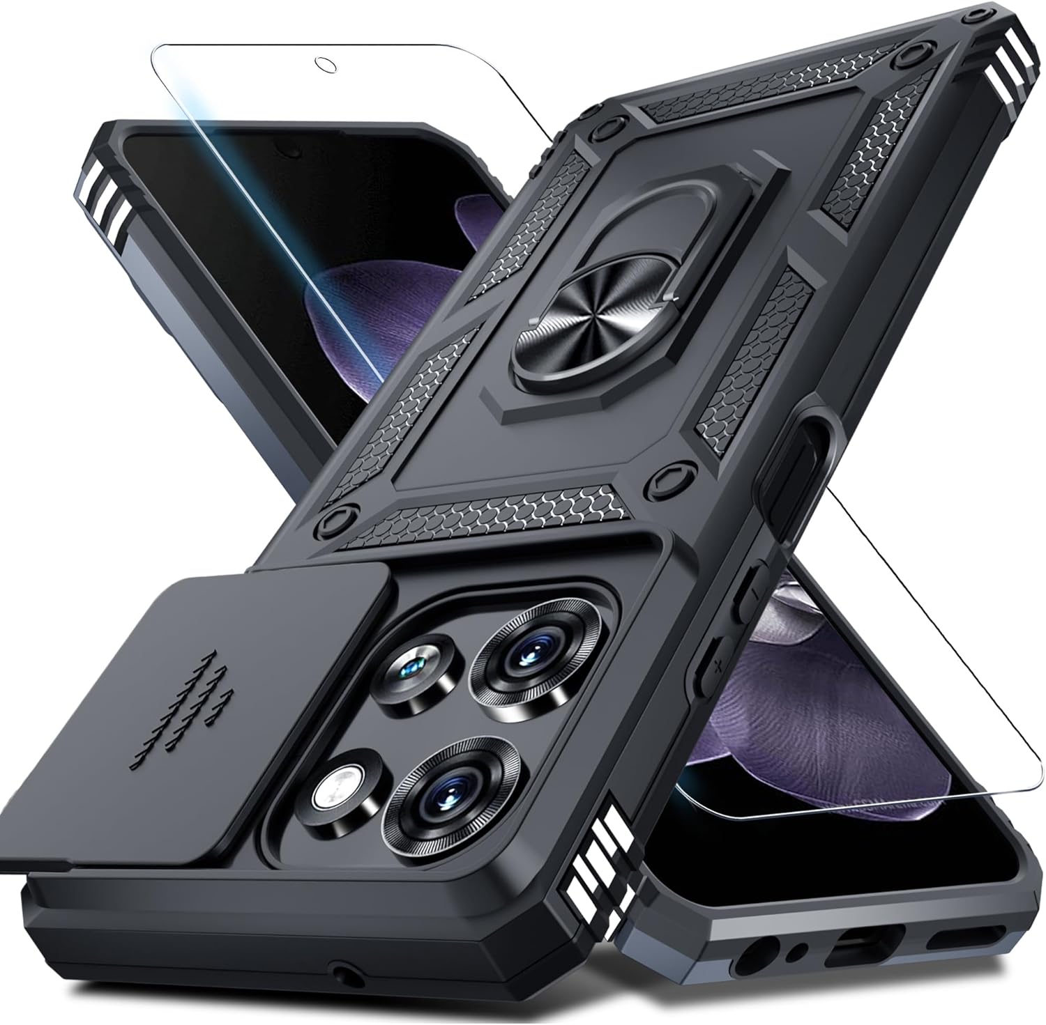 Janmitta for Moto G 2026/2025 Case,Moto G Play 2026 Case Built in Slide Camera Lens Cover+Screen Protector+Finger Ring Holder Kickstand,Heavy Duty Shockproof Full Body Protective Phone Cover,Black